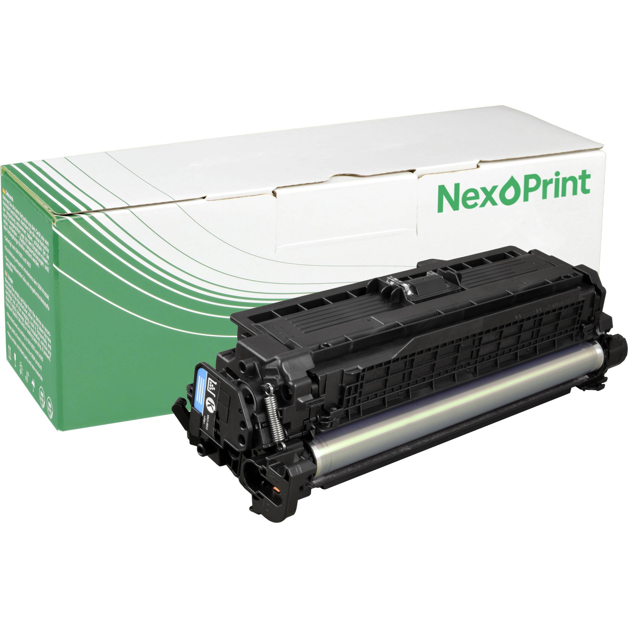 Eine gelbe Tonerkartusche mit einer grün-weißen NexPrint-Markenschachtel im Hintergrund.