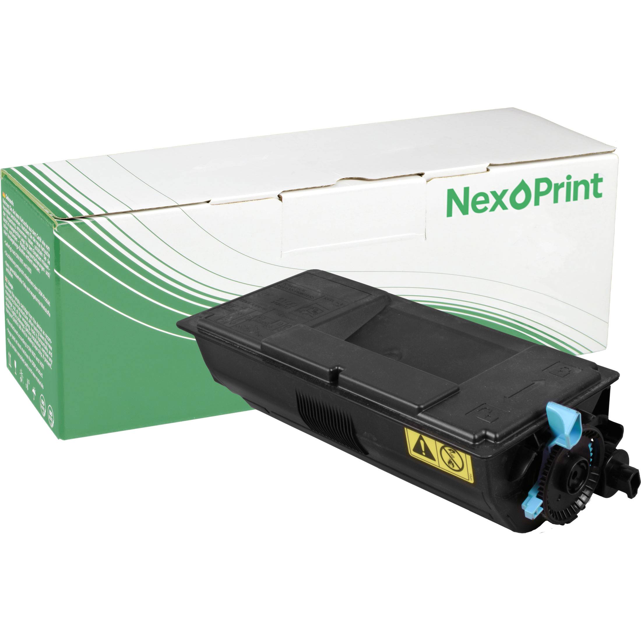 Das Bild zeigt eine NexOPrint-Druckerpatrone in Schwarz und Rosa, die vor einer grün-weißen Schachtel mit dem Markennamen platziert ist.