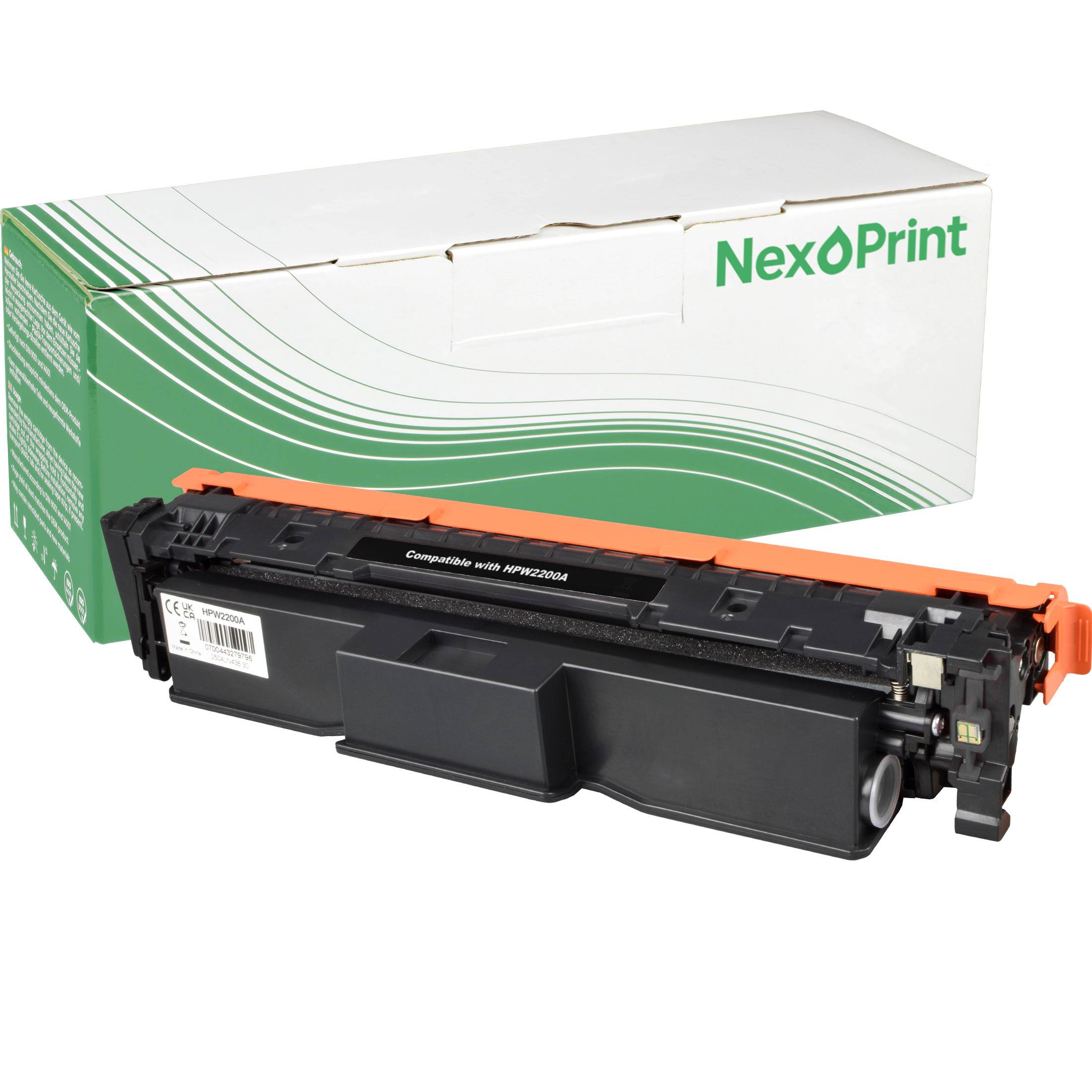 NexPrint' Markenverpackung mit einer schwarzen Druckertonerkassette, die prominent im Vordergrund platziert ist.