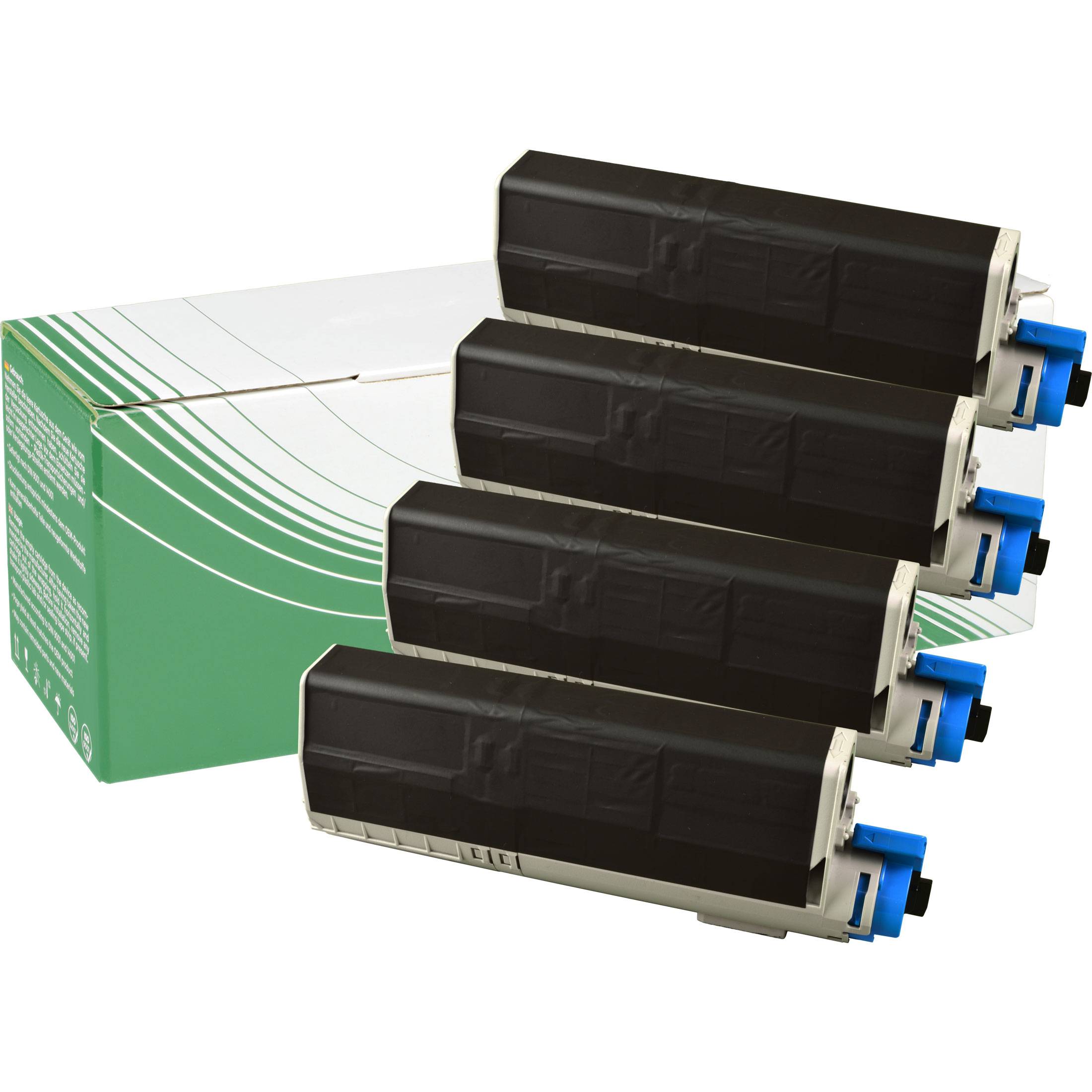 Drei schwarze Druckertonerkartuschen mit Etiketten für Cyan, Magenta und Gelb werden vor einer grünen Verpackungsschachtel angezeigt.