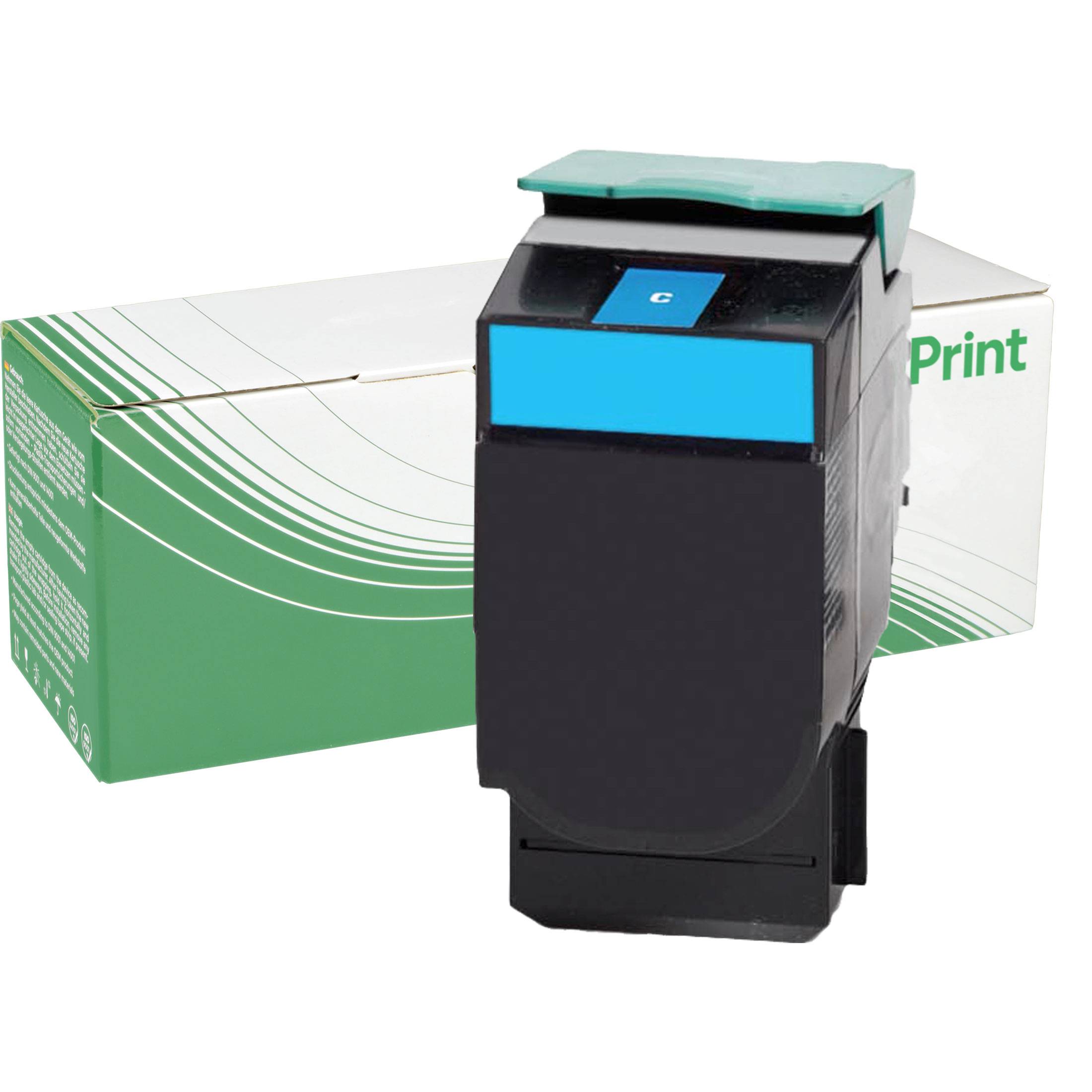Druckertonerpatrone mit cyan-Etikett vor einer grün-weißen Schachtel.
