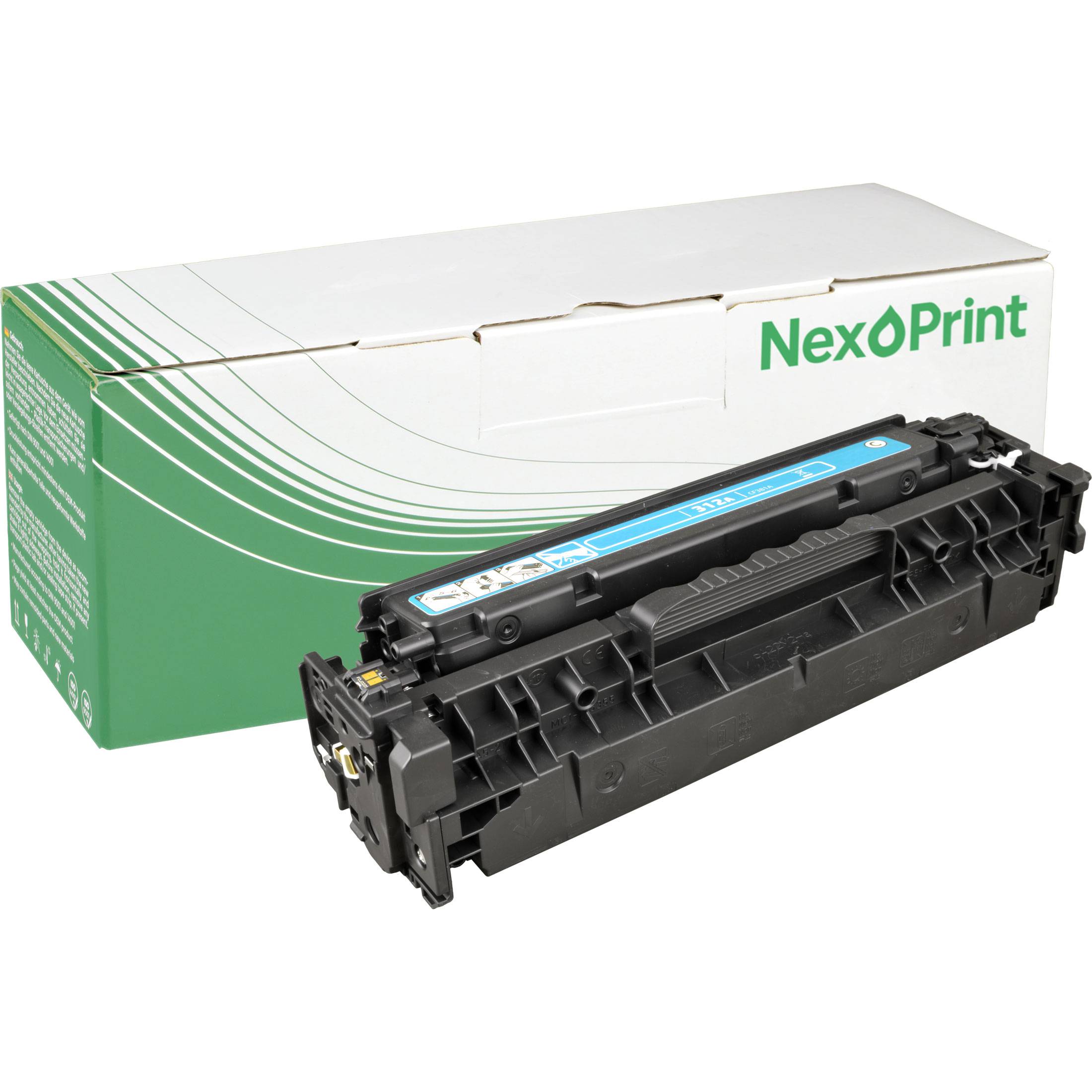 Eine Nahaufnahme einer Tonerpatrone vor ihrer Verpackungsschachtel, mit einer blauen Kappe und einer orangefarbenen Schutzabdeckung mit Etiketten.