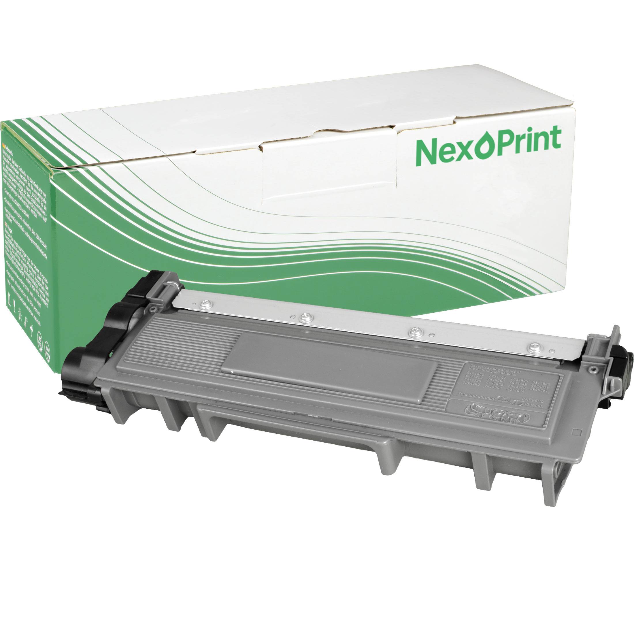 Schwarze Druckertonerpatrone mit rosa Kappe, vor einer NexPrint-gekennzeichneten Box.