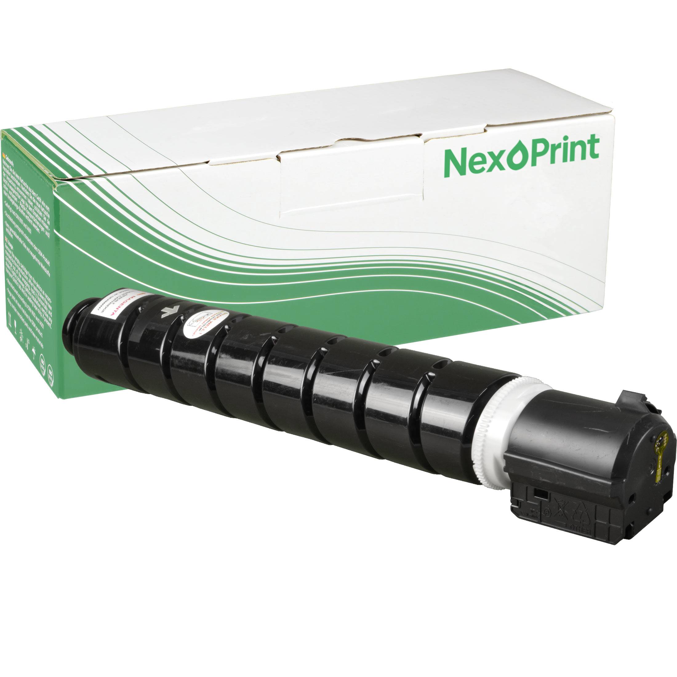 Satz aus vier Tintentoner-Kartuschen in Cyan, Magenta, Gelb und Schwarz, die vor einer grün-weißen Schachtel platziert sind.