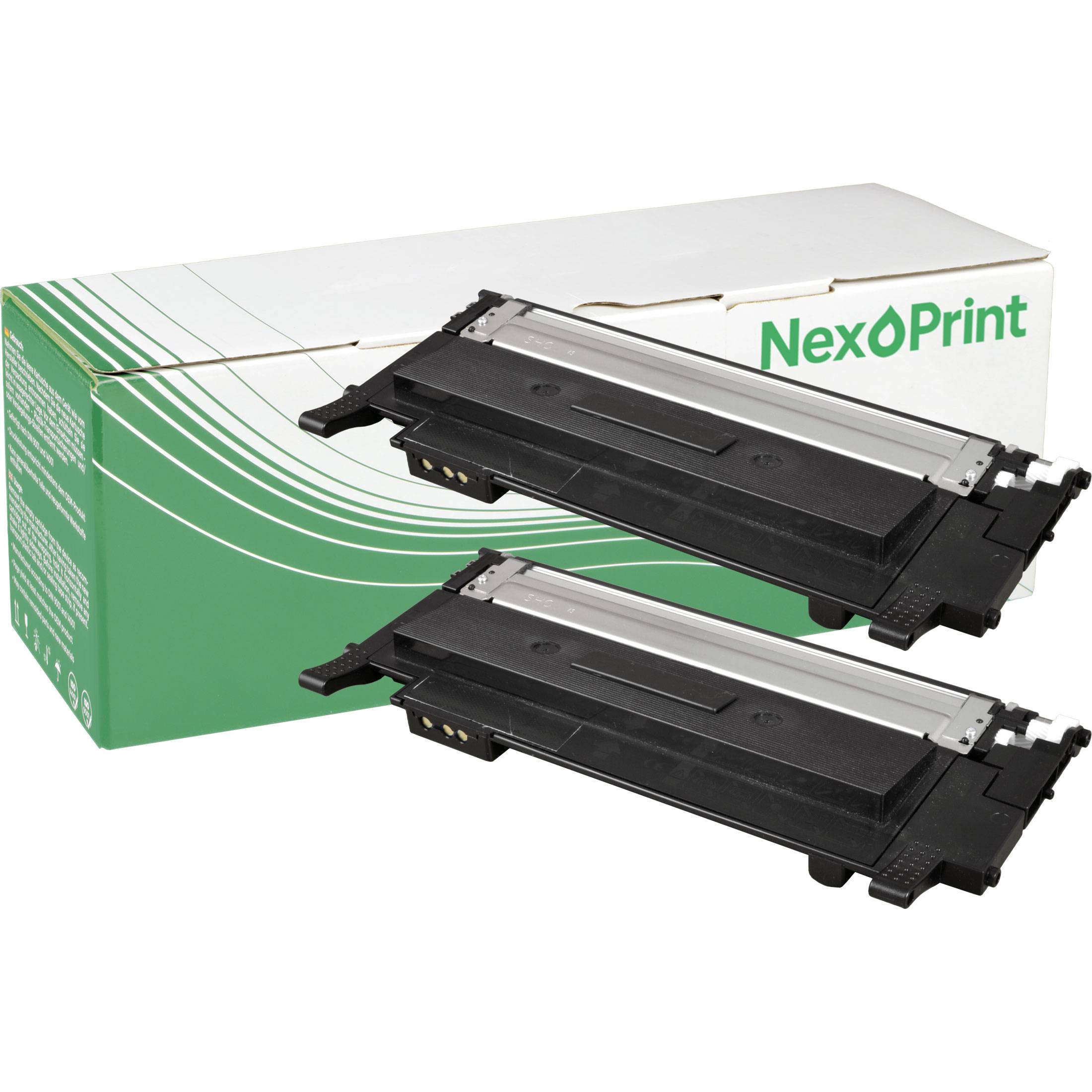 Eine weiße und grüne NexOPrint-Tonerpatronenschachtel mit einem zylindrischen Toner daneben, was auf Druckerzubehör oder Büroausstattung hinweist.