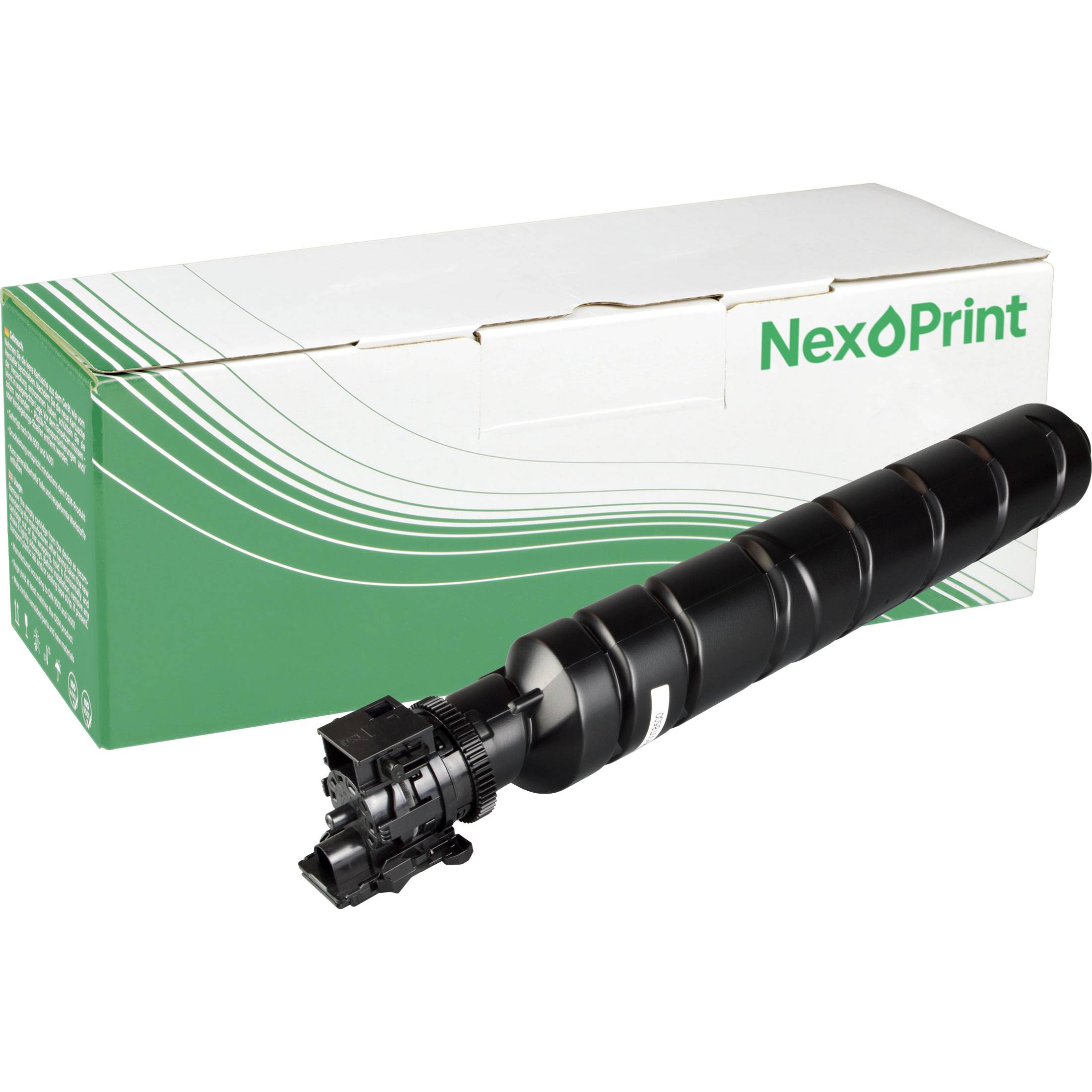 Eine Nexoprint-Tonerpatrone und ein Karton; die Patrone ist grau mit blauen Akzenten und mit einem „K