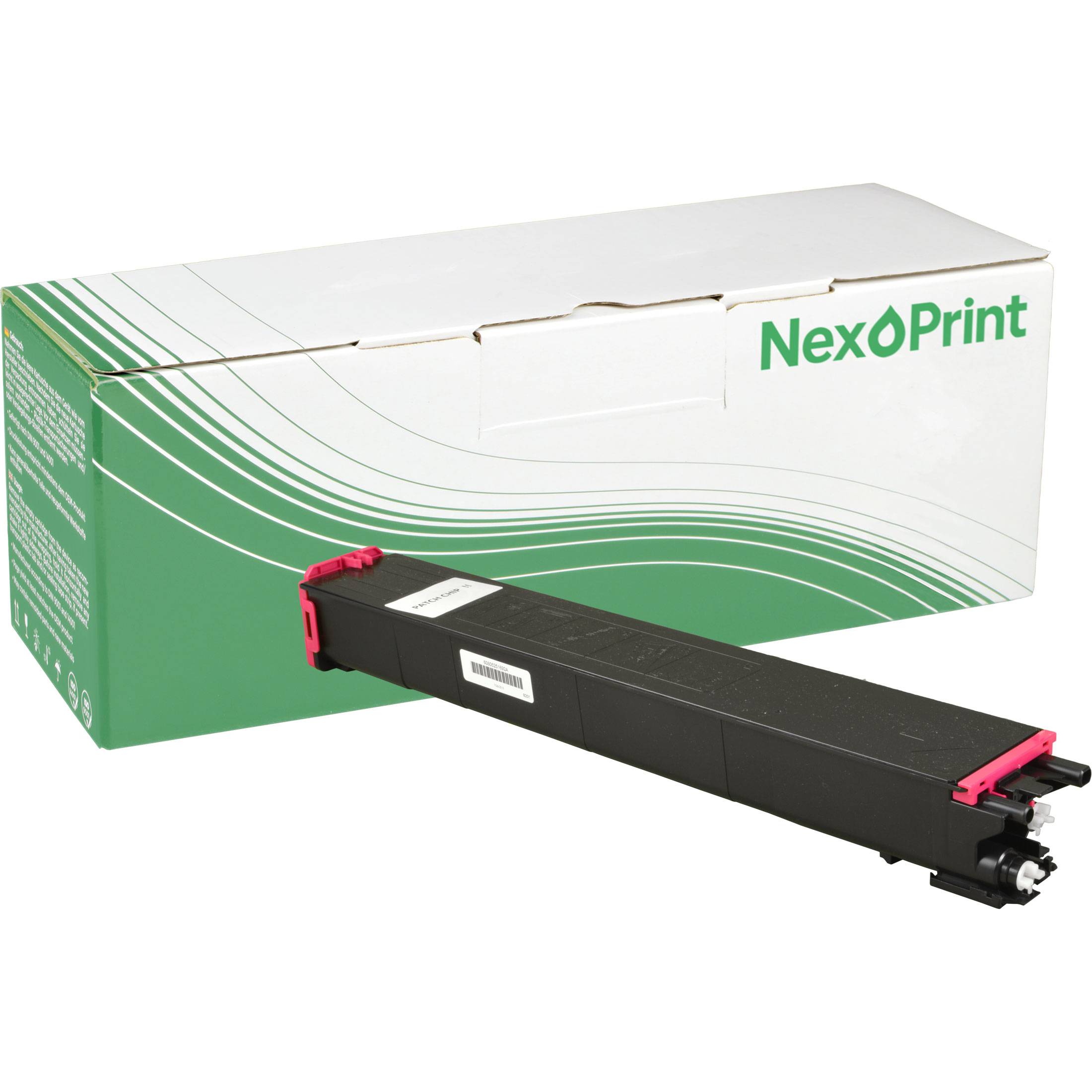 Eine grün-weiße NexO Print Tintenpatronenschachtels mit der teilweise herausgezogenen schwarzen Patrone, auf der zwei Zahnräder und eine 