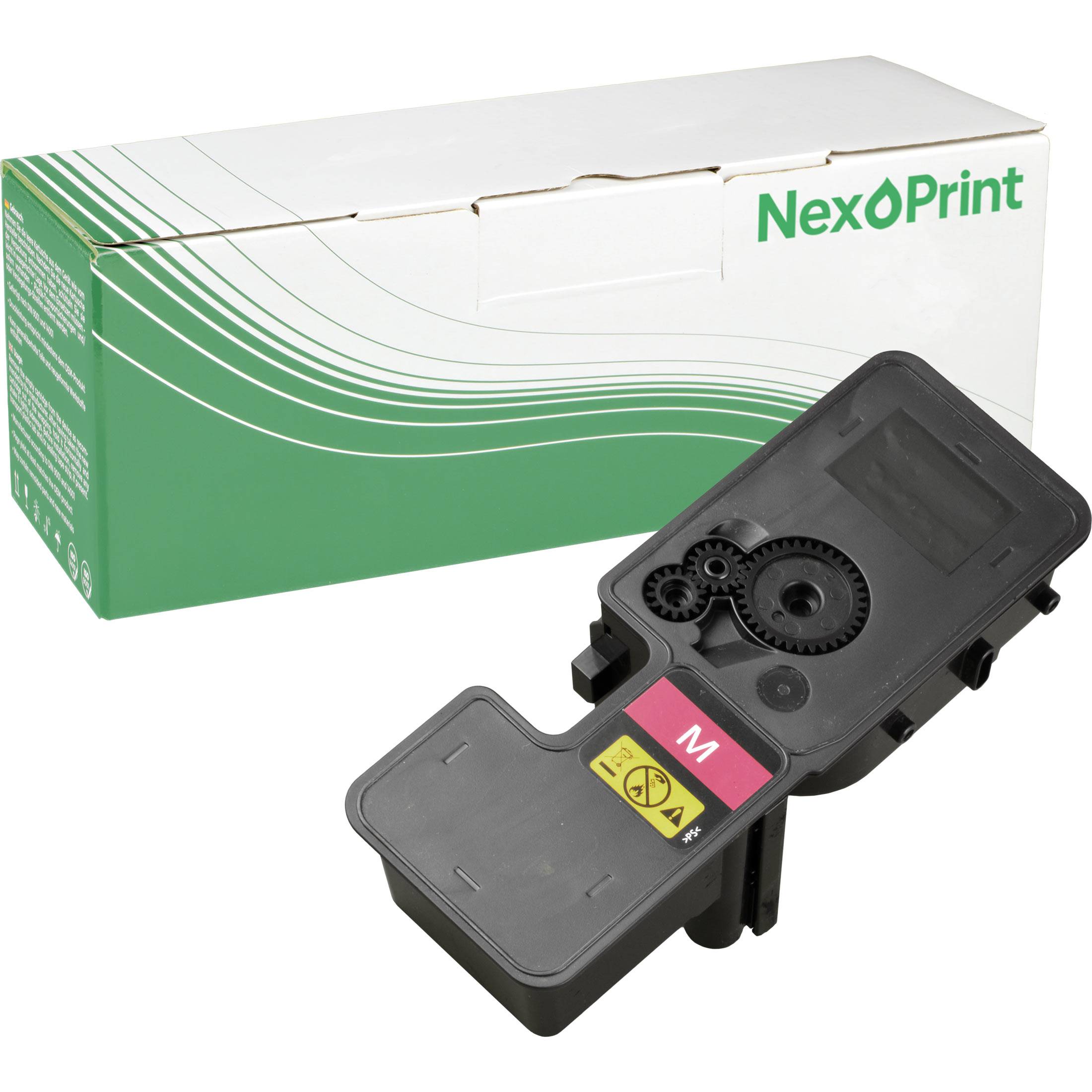 Tonerpatrone mit schwarzer und cyan Beschriftung, platziert vor einer grünen und weißen NexPrint-Schachtel.