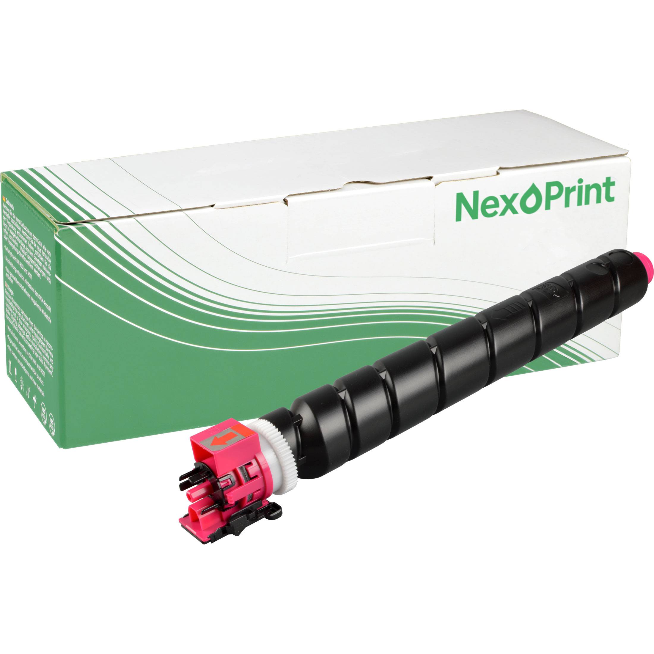 Ein Bild einer NexPrint Tonerpatrone vor ihrer Verpackungsbox, die weiß mit grünen Akzenten und Markentexten ist.