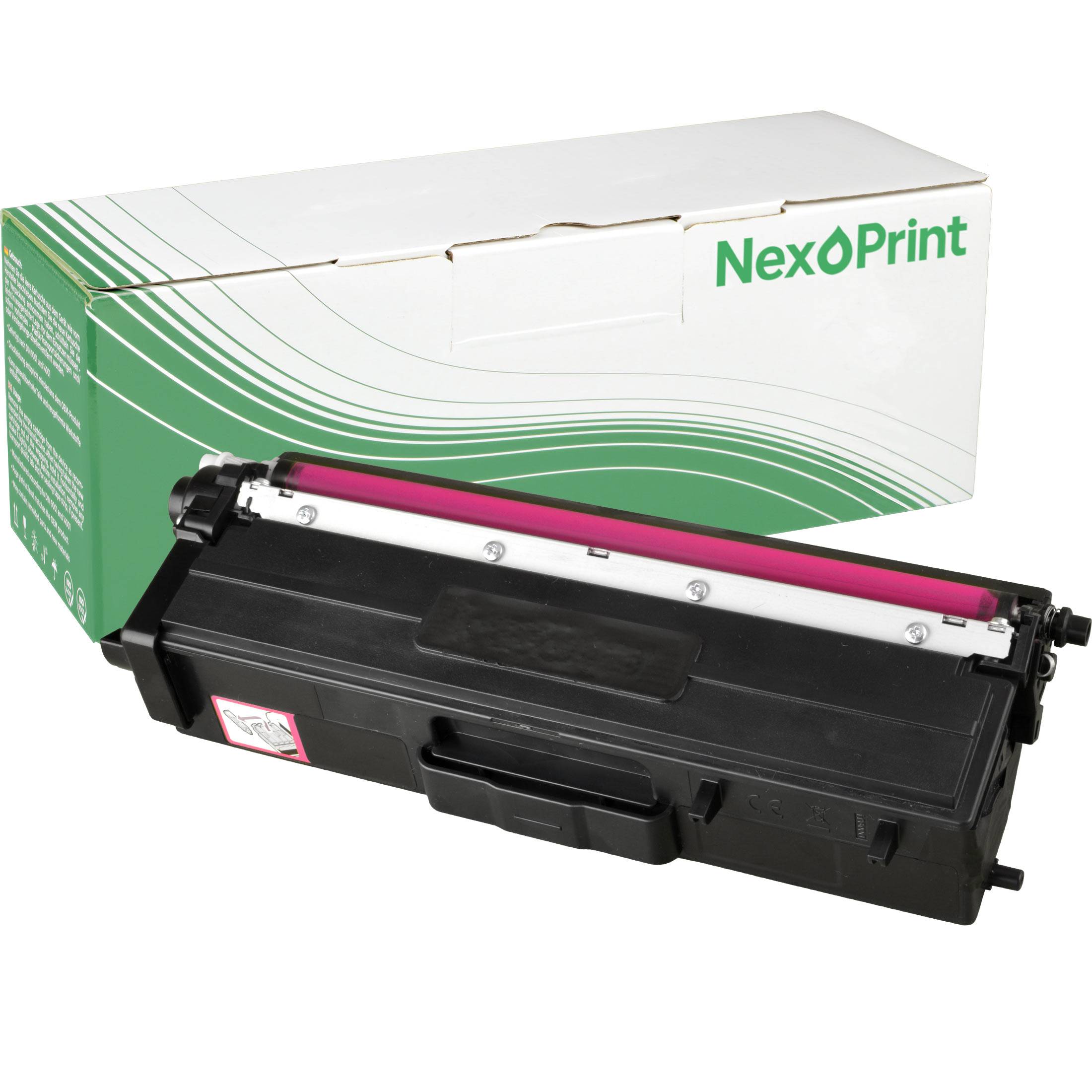 Schwarze Druckertonerkassette vor einer weiß-grünen Schachtel mit dem Logo 