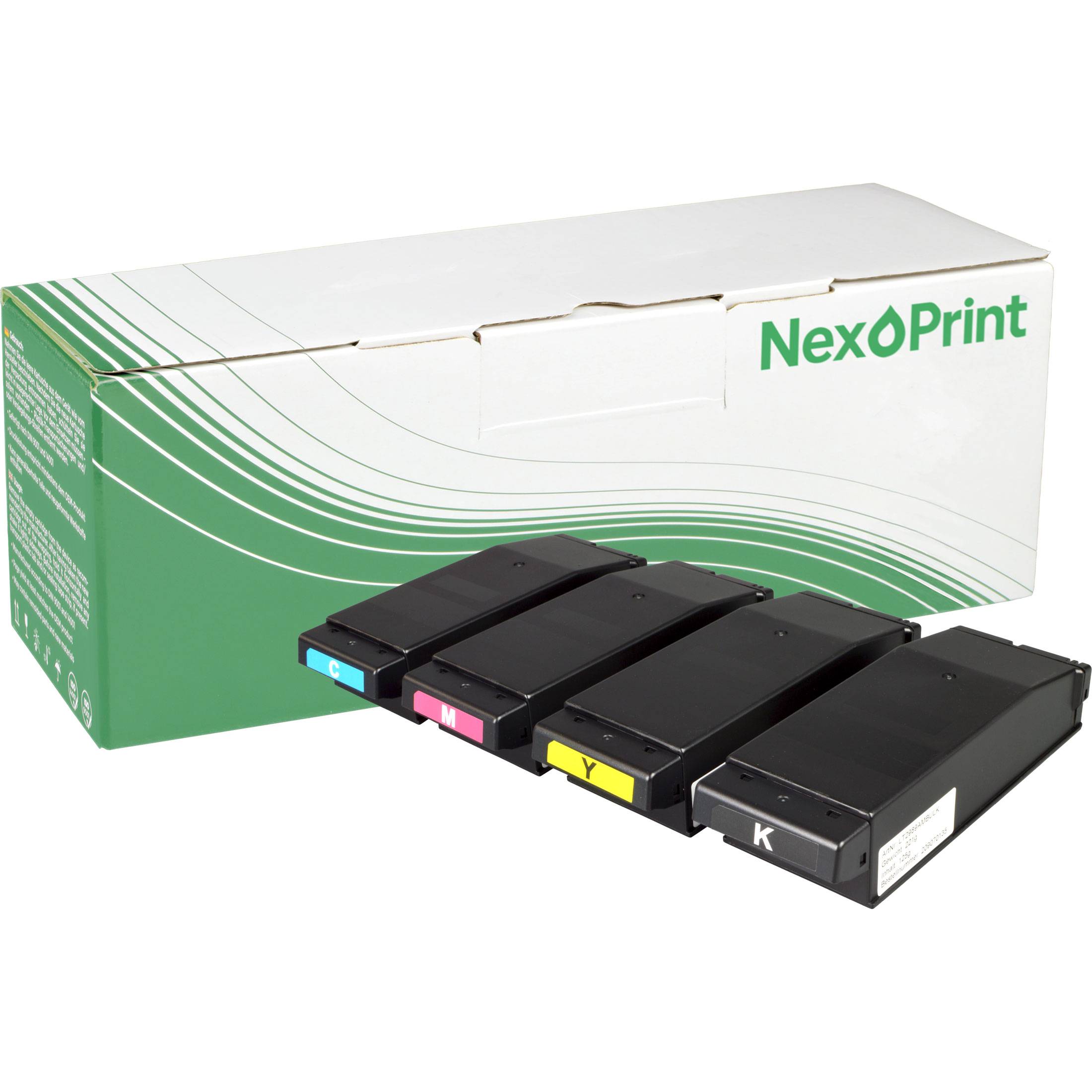 Tonerpatrone und Karton mit der Bezeichnung NexOPrint, mit weißem und grünem Design.