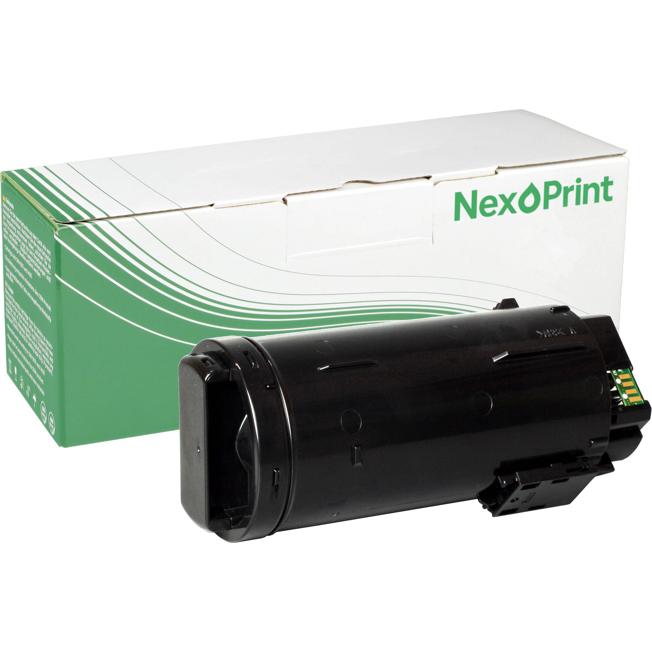 NexoPrint-Tonerpatrone vor einer weiß-grünen Schachtel mit geschwungenes Liniendesign.