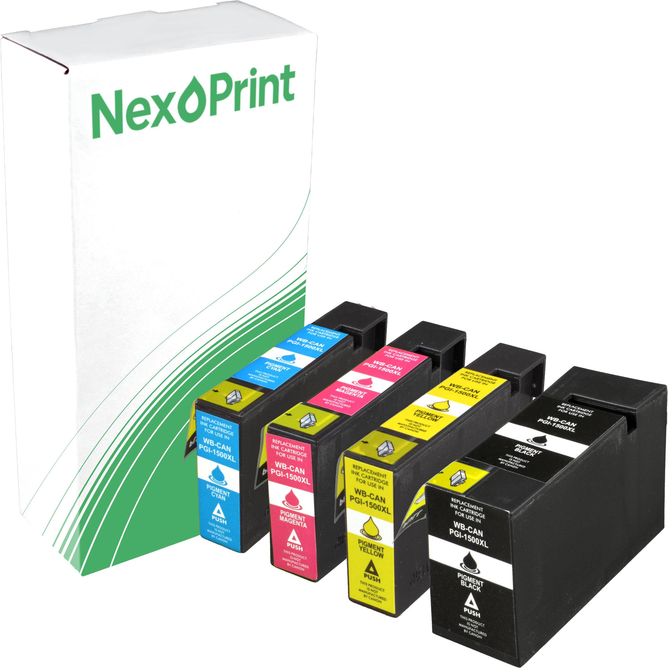 NexPrint' Druckerpatronen in Schwarz, Cyan, Magenta und Gelb neben der Markenschachtel.