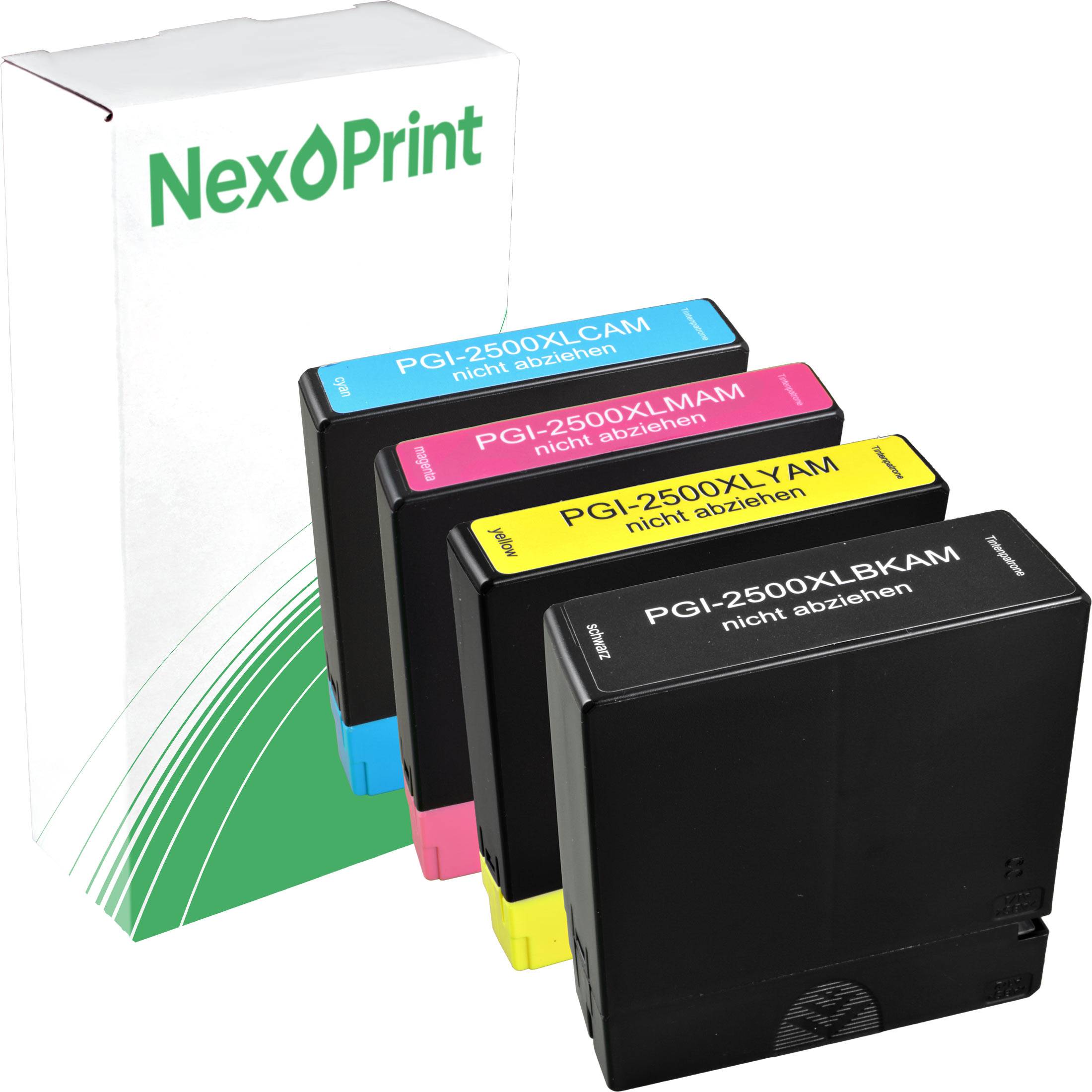 Vier schwarze Tintenpatronen der Marke 'NexPrint' in Cyan, Magenta, Gelb und Schwarz werden vor einer weißen Box mit dem 'NexPrint'-Logo präsentiert.