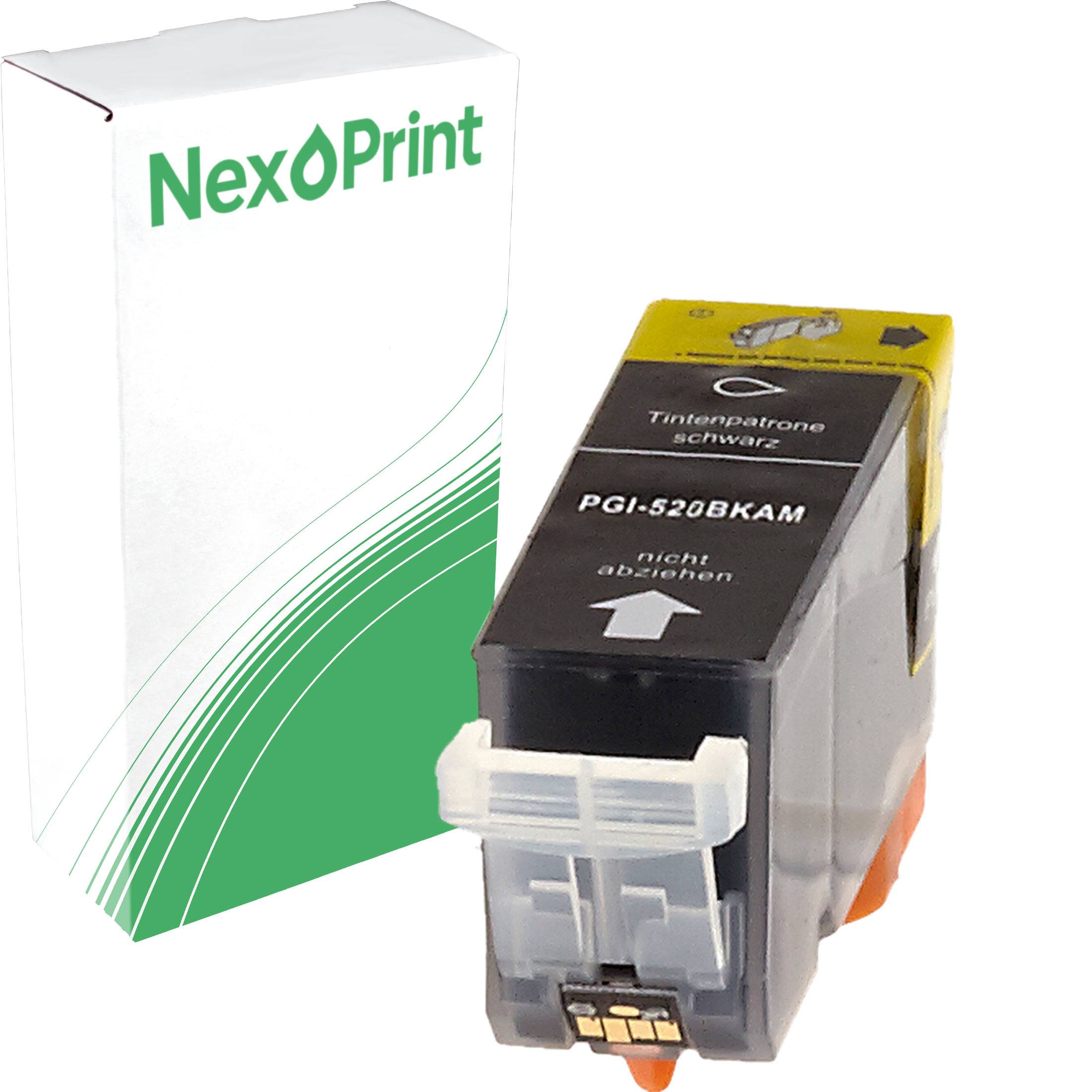 Tintenpatrone mit 'PGI-520BK'-Etikett vor einer 'NexPrint'-Verpackung, die die Kompatibilität mit bestimmten Druckern anzeigt.