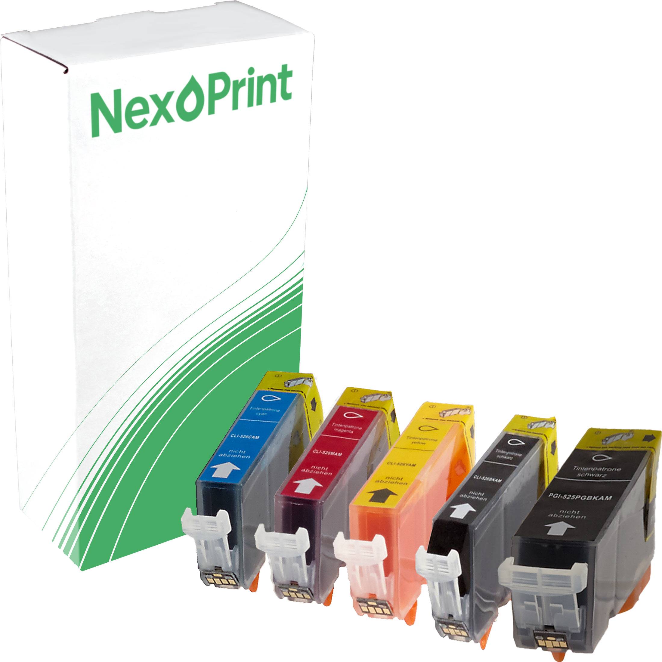 NexPrint' Tintenpatronen in fünf Farben: Cyan, Magenta, Gelb, Schwarz und Super-Schwarz, neben ihrer Verpackung präsentiert.