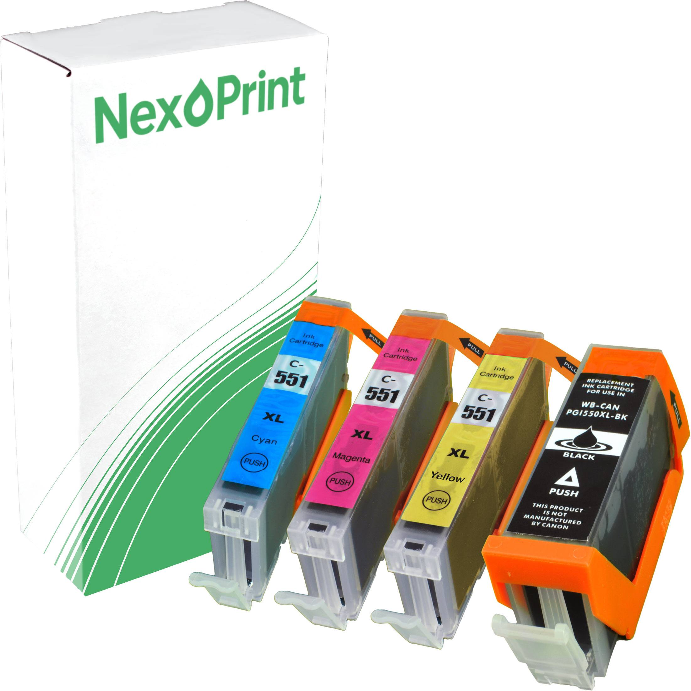 NexPrint' Markenkarton mit vier Druckerpatronen: Cyan, Magenta, Gelb und Schwarz.