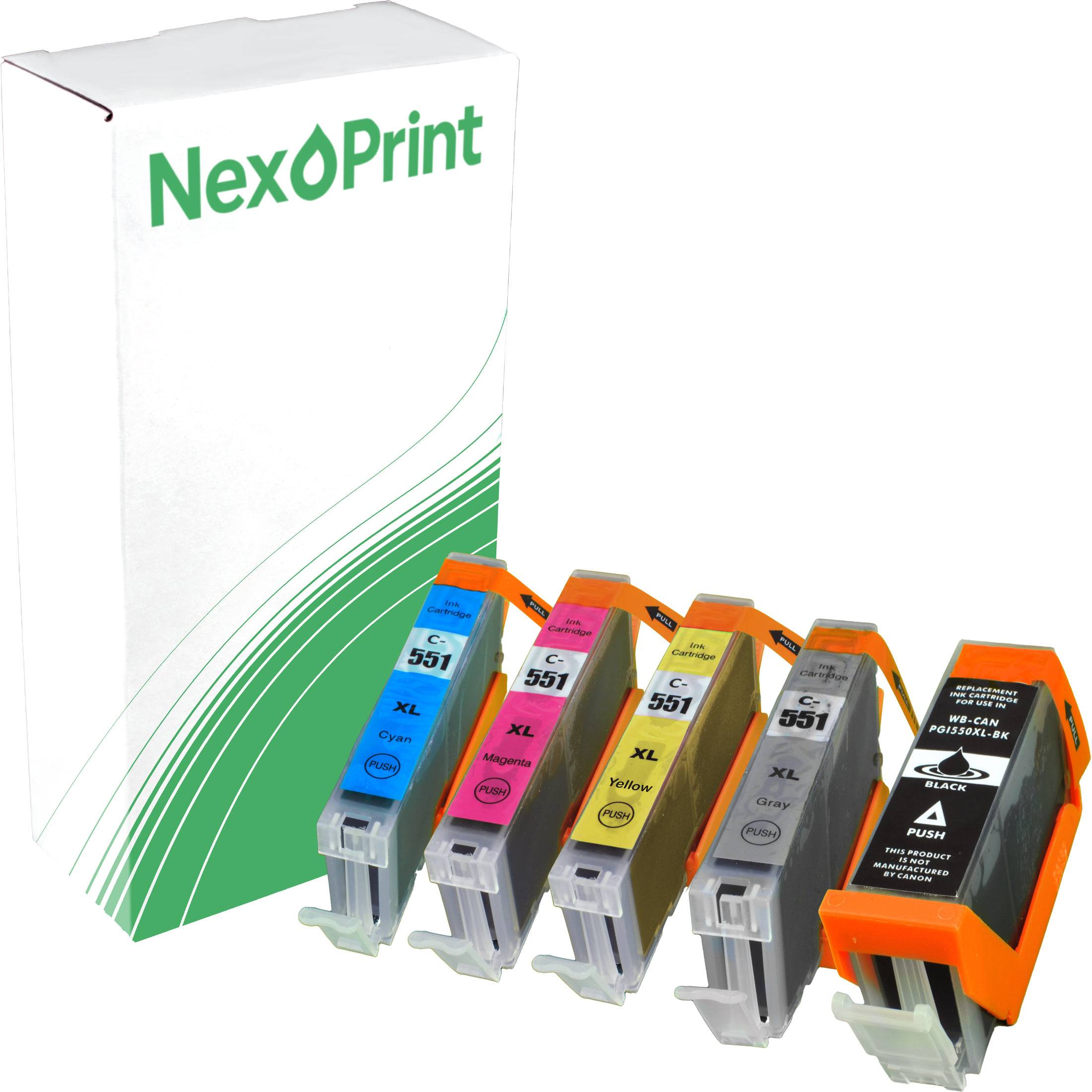 Tintenpatronen für NexPrint-Drucker in Cyan, Magenta, Gelb und Schwarz, neben einer NexPrint-Markenschachtel.