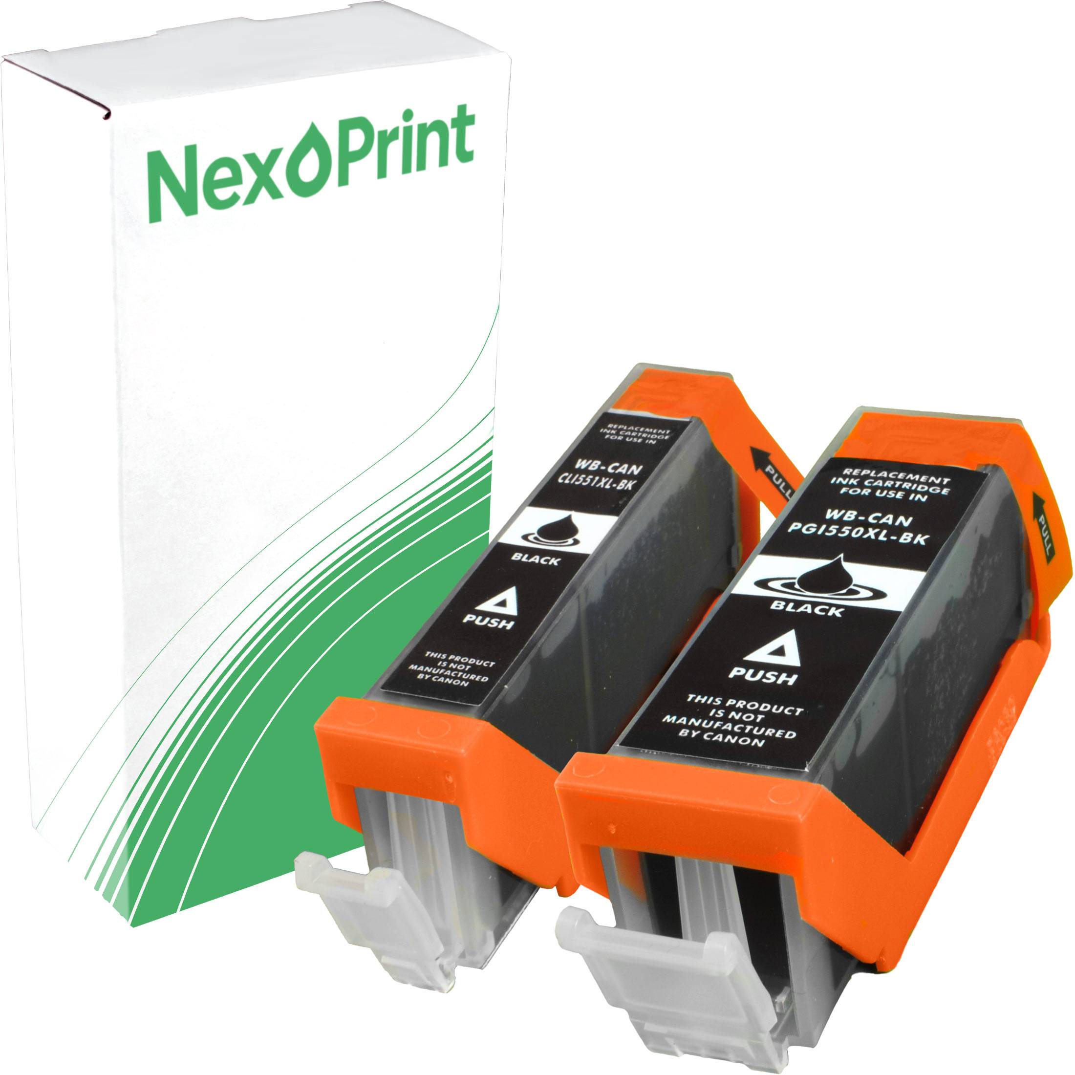 NexPrint' Tintenpatronen in Schwarz, kompatibel mit verschiedenen Druckermodellen. Zwei Patronen sind neben der Markenverpackung abgebildet.