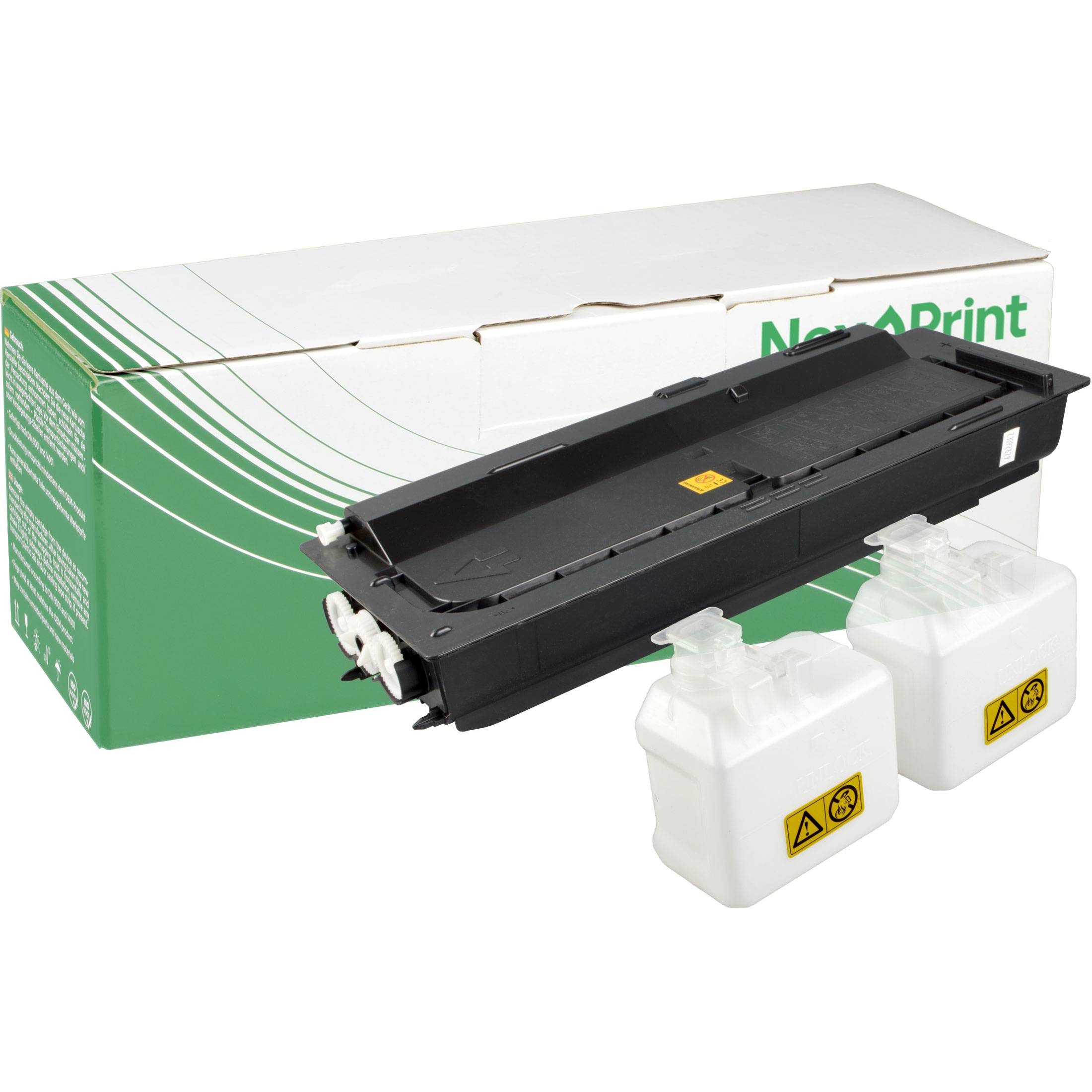 NexOPrint Laserdrucker-Tonerkartusche in Schwarz, angezeigt vor ihrer grün und weiß gekennzeichneten Verpackungsbox.