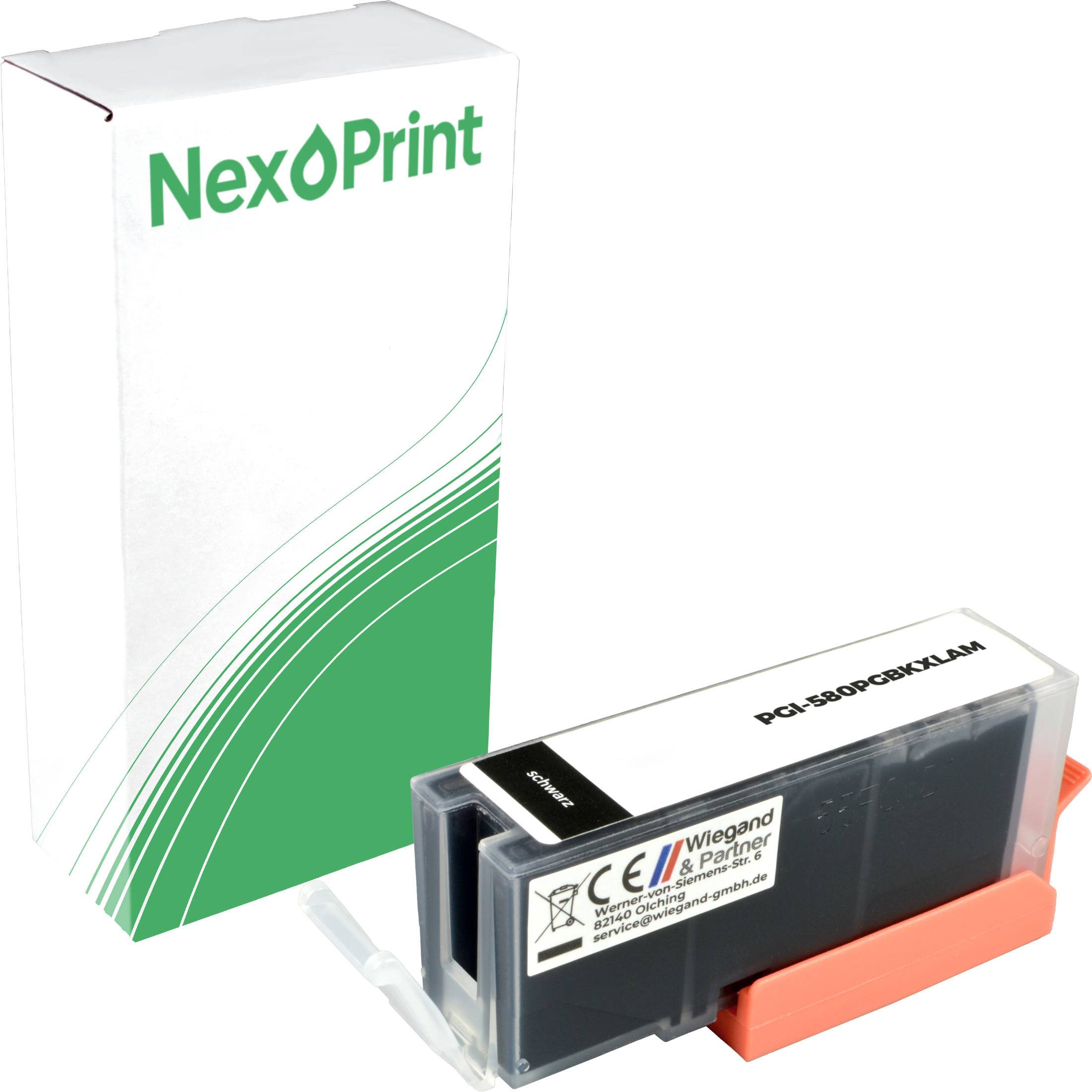 Druckerpatrone vor NexPrint-Markenbrand-Verpackung.