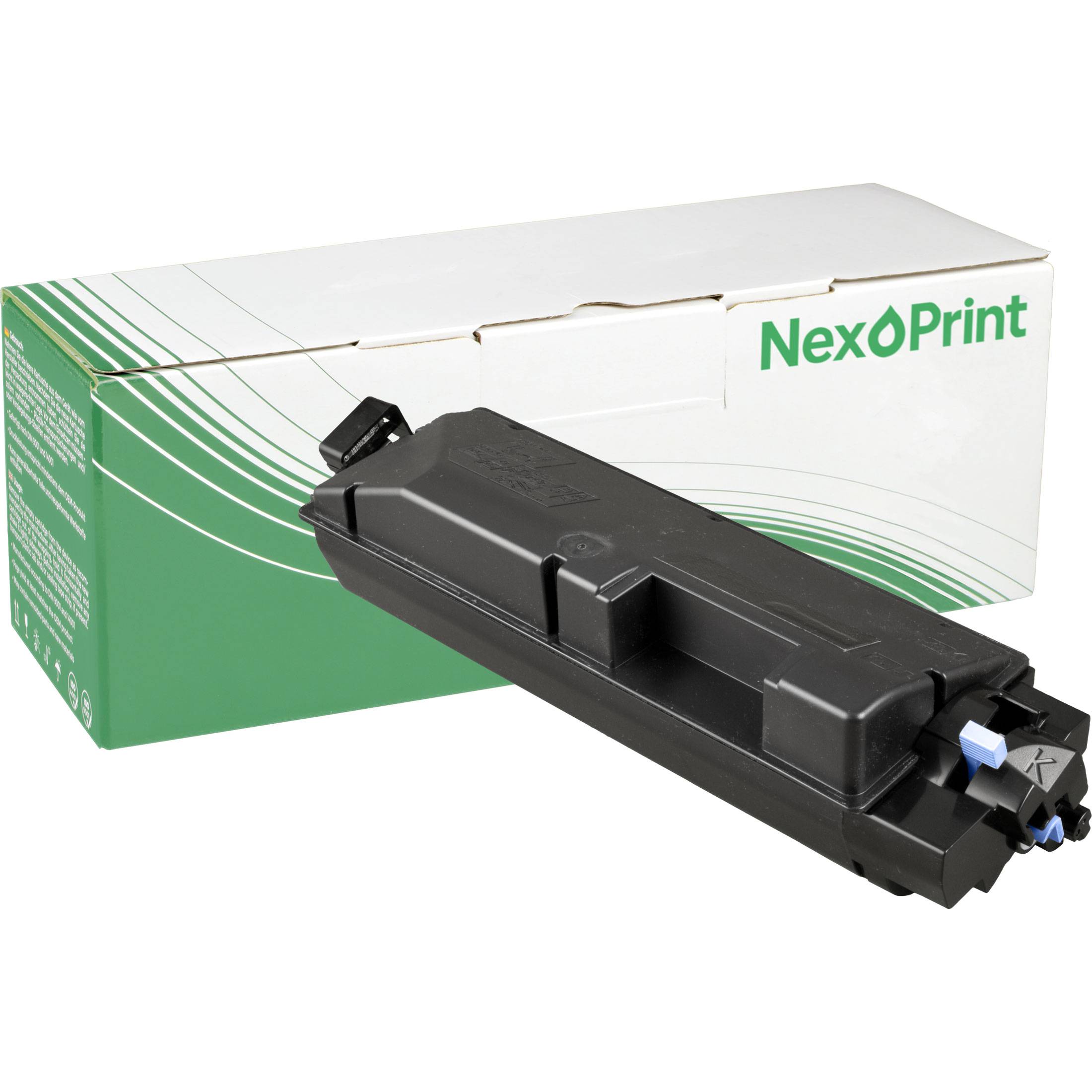 Bild einer NexPrint-Tonerpatronen-Schachtel mit fünf Tonerpatronen: Schwarz, Cyan, Magenta, Gelb und eine weitere Schwarz, die davor angeordnet sind.