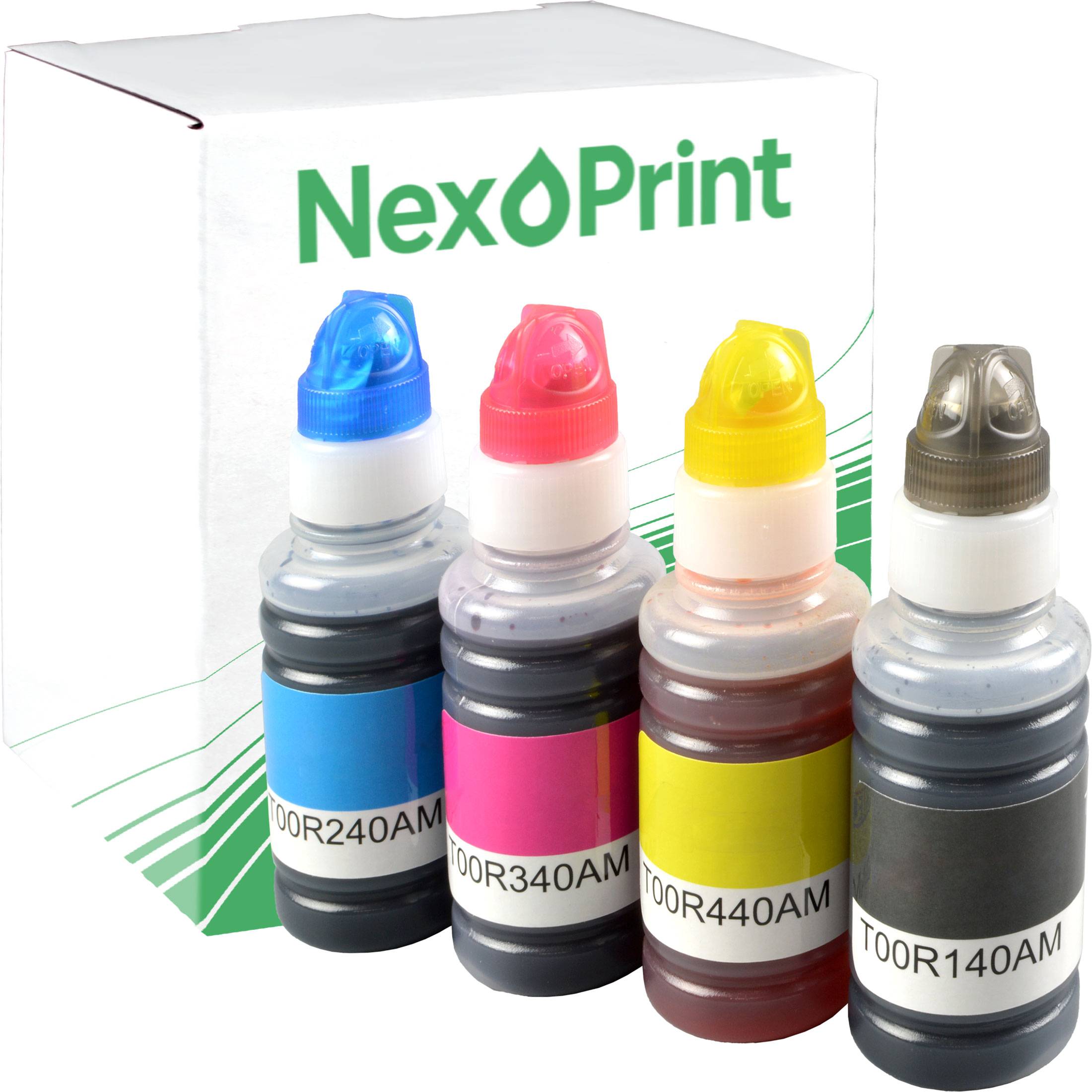 Vier Druckerpatronen (Cyan, Magenta, Gelb, Schwarz) mit den Etiketten TOOR240AM, TOOR340AM, TOOR440AM, TOR140AM, neben einer NexPrint-Schachtel.