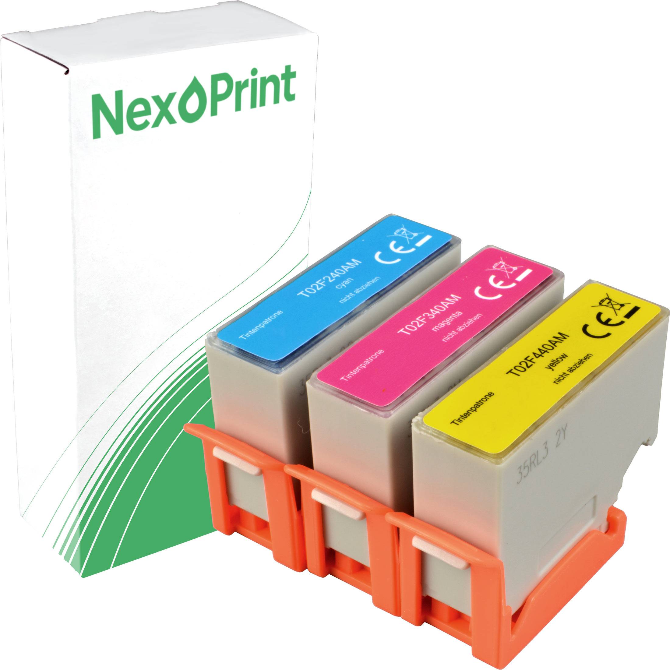 NexPrint' Marken-Druckerpatronen in Cyan, Magenta und Gelb, neben der weiß und grünen Verpackungsbox platziert.