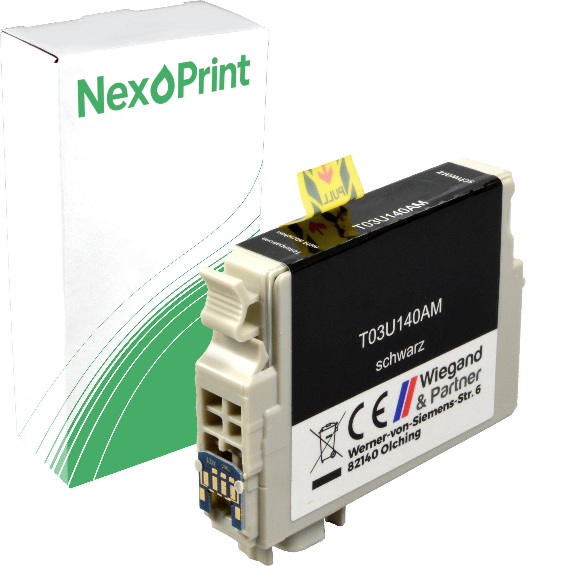Tintenpatrone mit der Beschriftung 'T03U140AM schwarz', kompatibel mit NexPrint-Druckern. Die Verpackung zeigt das NexPrint-Logo und ein grünes Design.