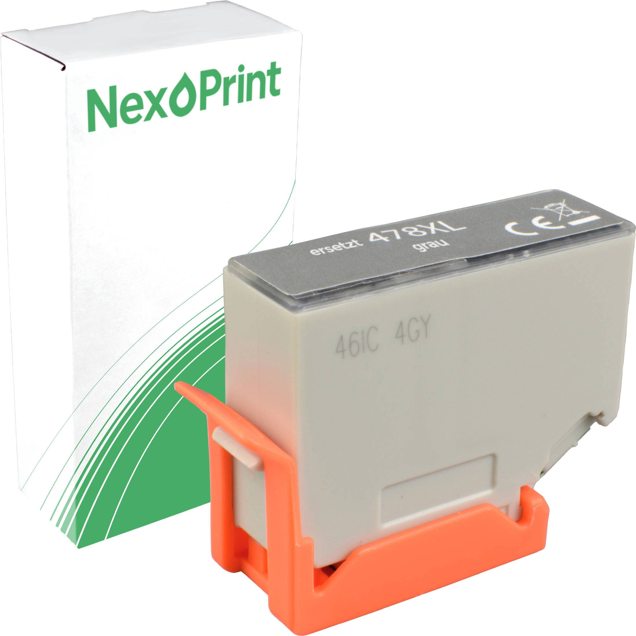 Nachfüll-Tintenpatrone 478XL grau in orangefarbenem Halter, mit weißer NexPrint-Schachtel im Hintergrund.
