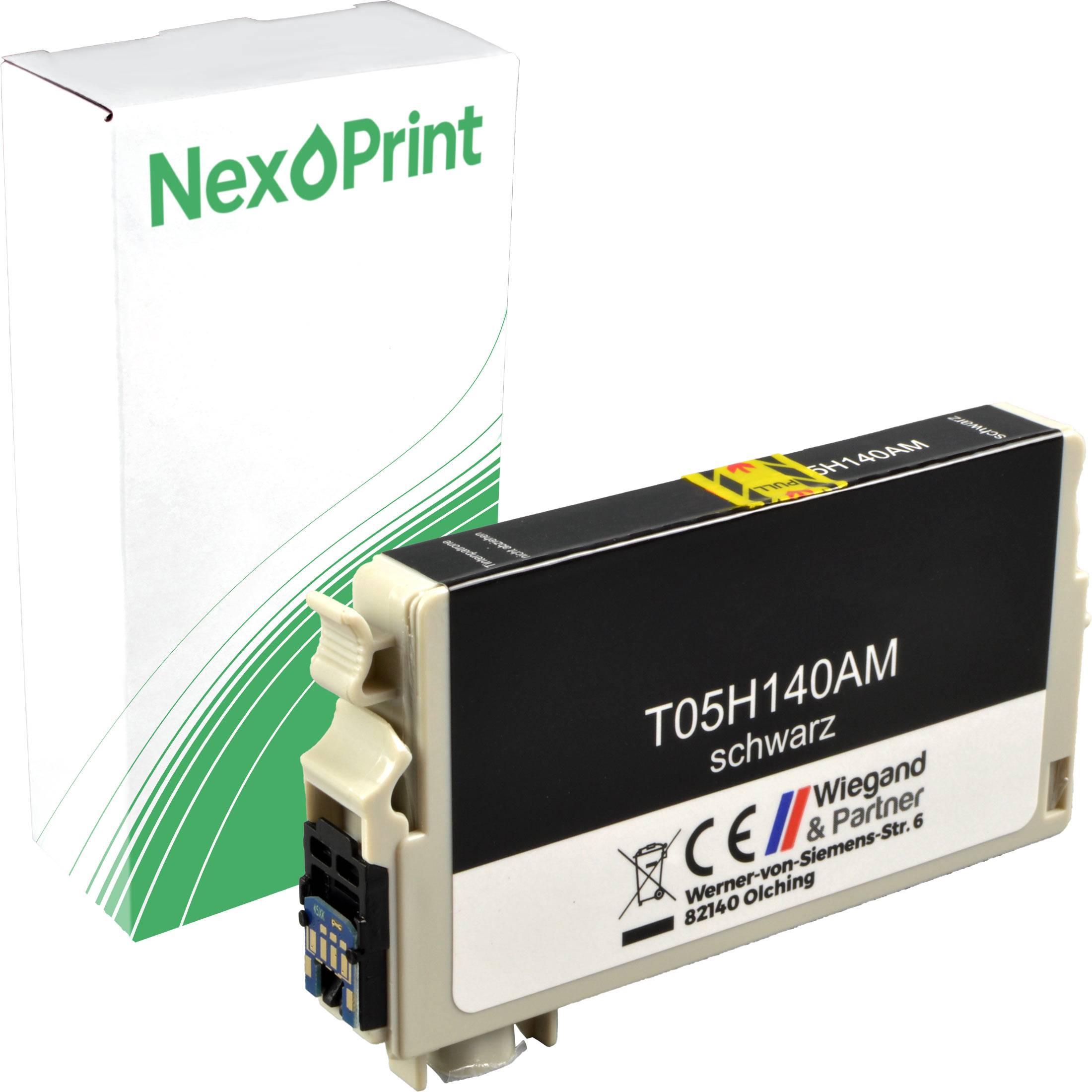 „NexPrint T05H140AM schwarze Tintenpatrone vor ihrer Verpackungsschachtel.