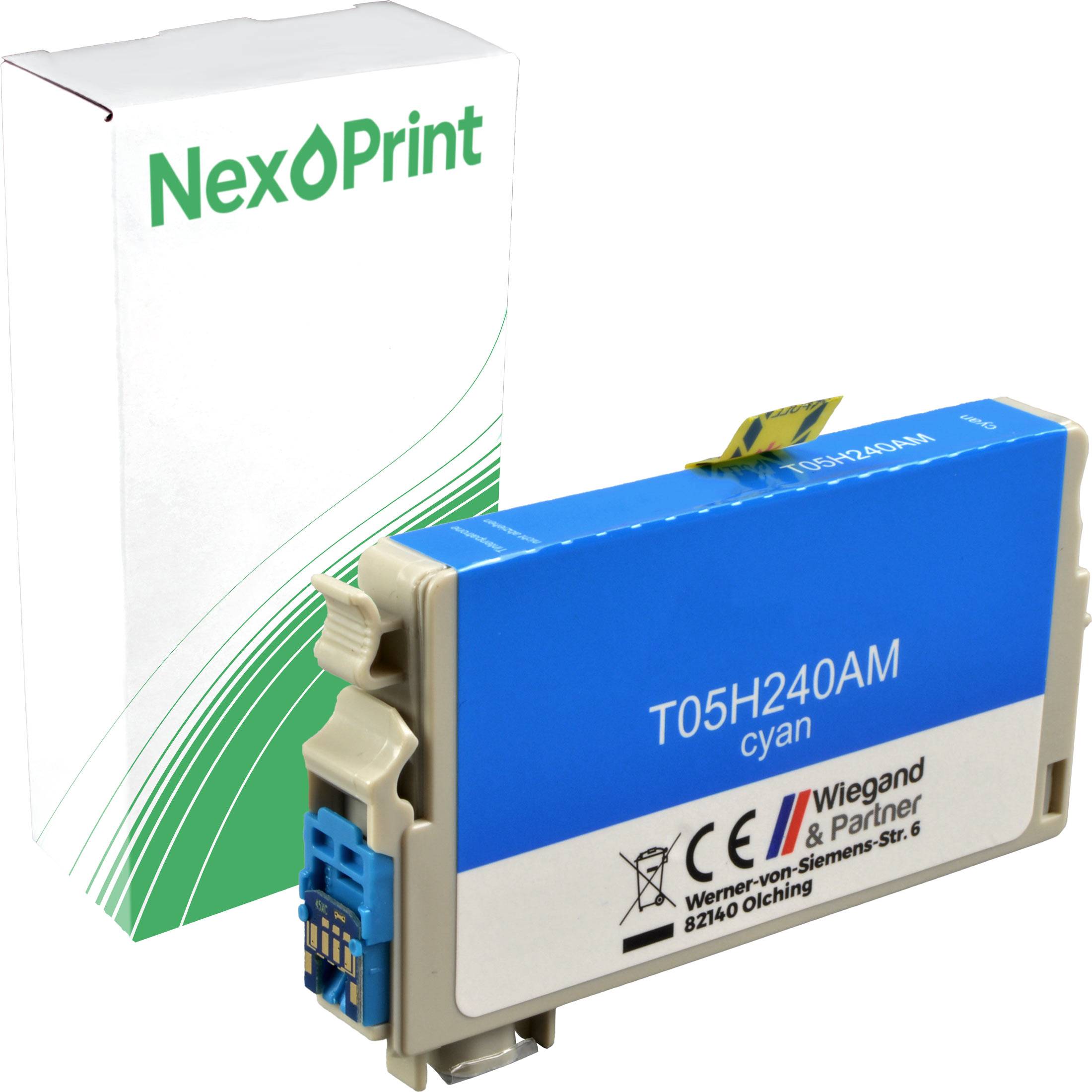 Cyan-Tintenkartusche der Marke 'NexPrint' mit Produktetikett 'T05H240AM'.