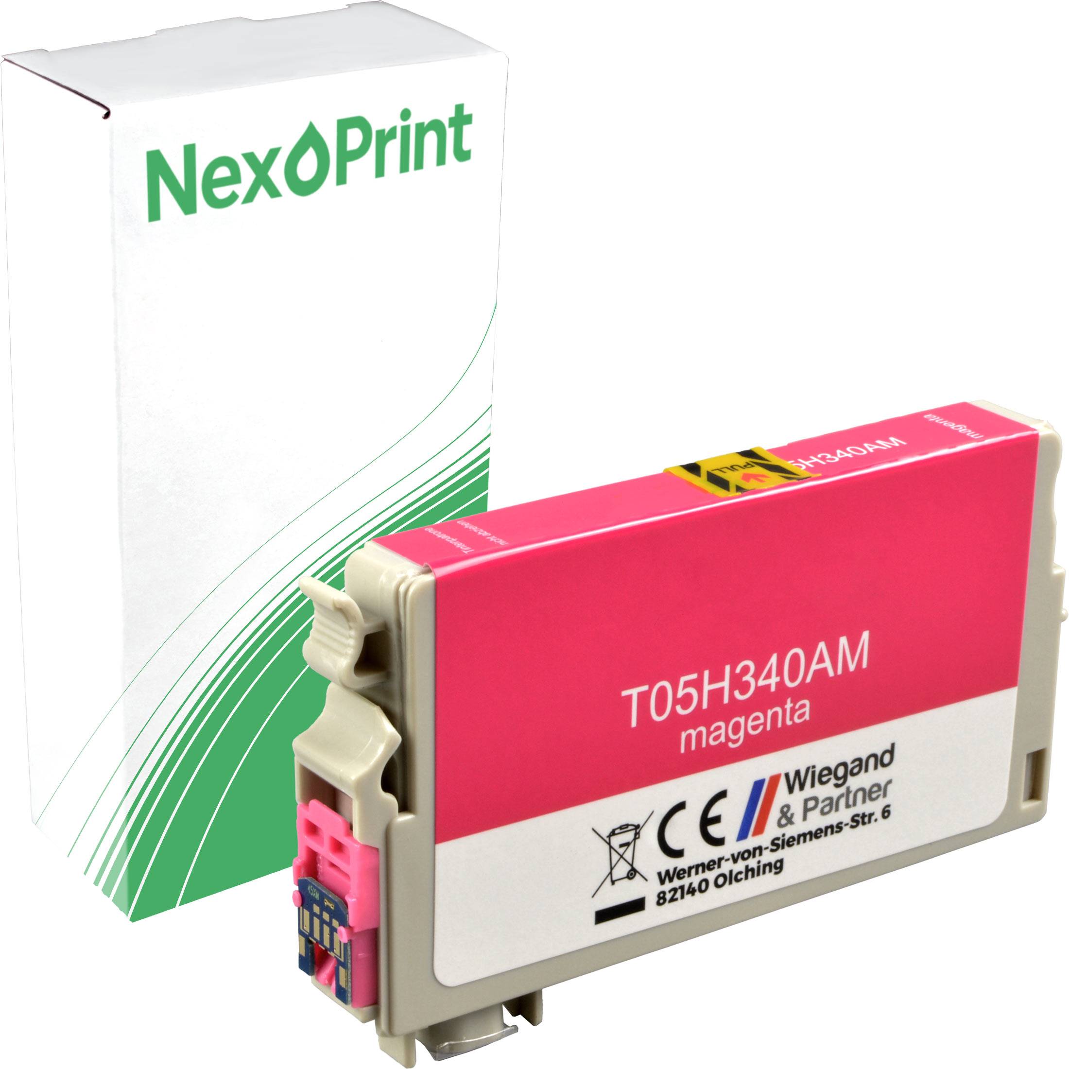 NexøPrint' markierte magenta Tintenpatrone mit der Bezeichnung 'T05H340AM'. Die Verpackung zeigt das Firmenlogo und die Adresse mit grünen Akzenten.