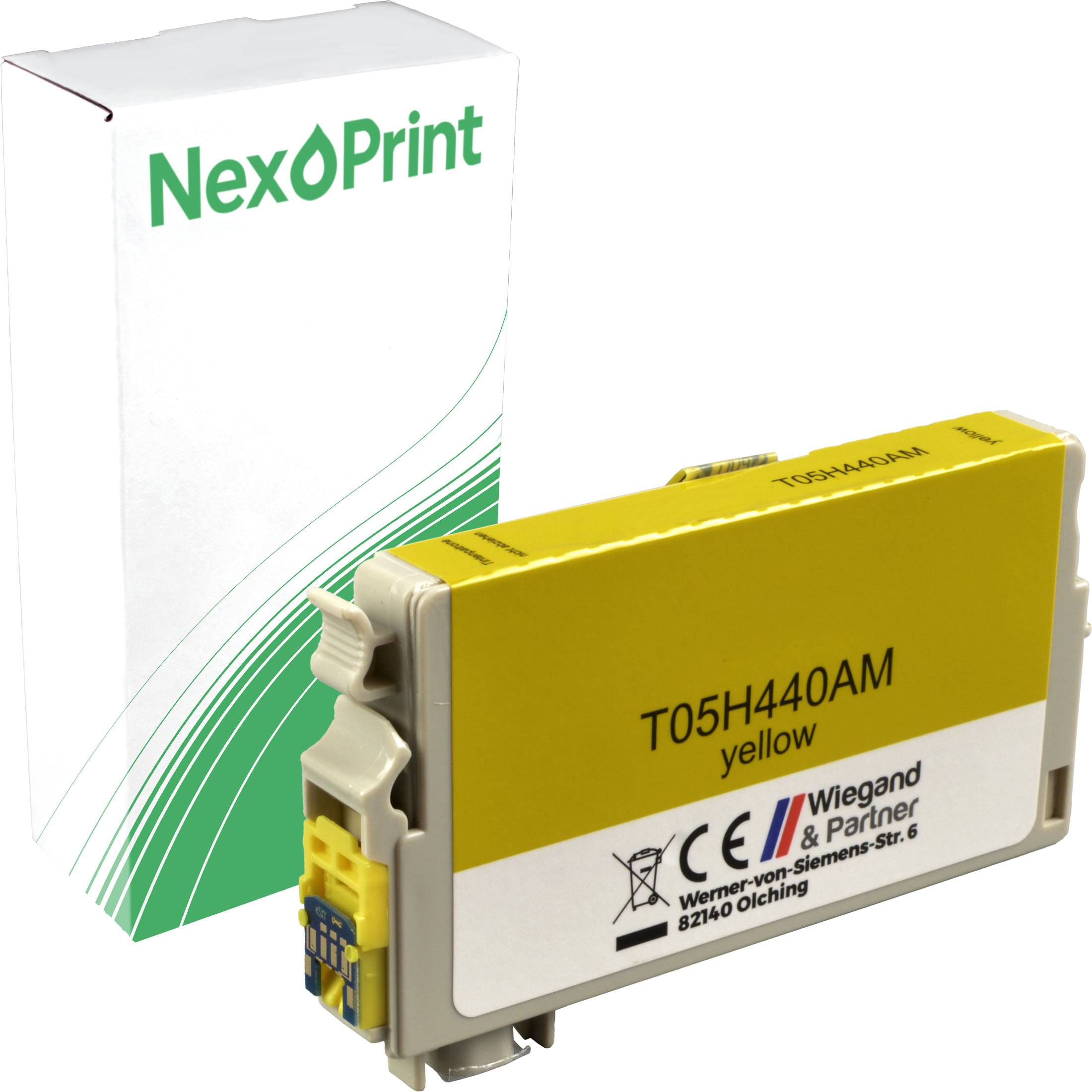 NexPrint T05H440AM Tintenpatrone in Gelb, Verpackungsdesign im Hintergrund, Produktmarkengestaltung.