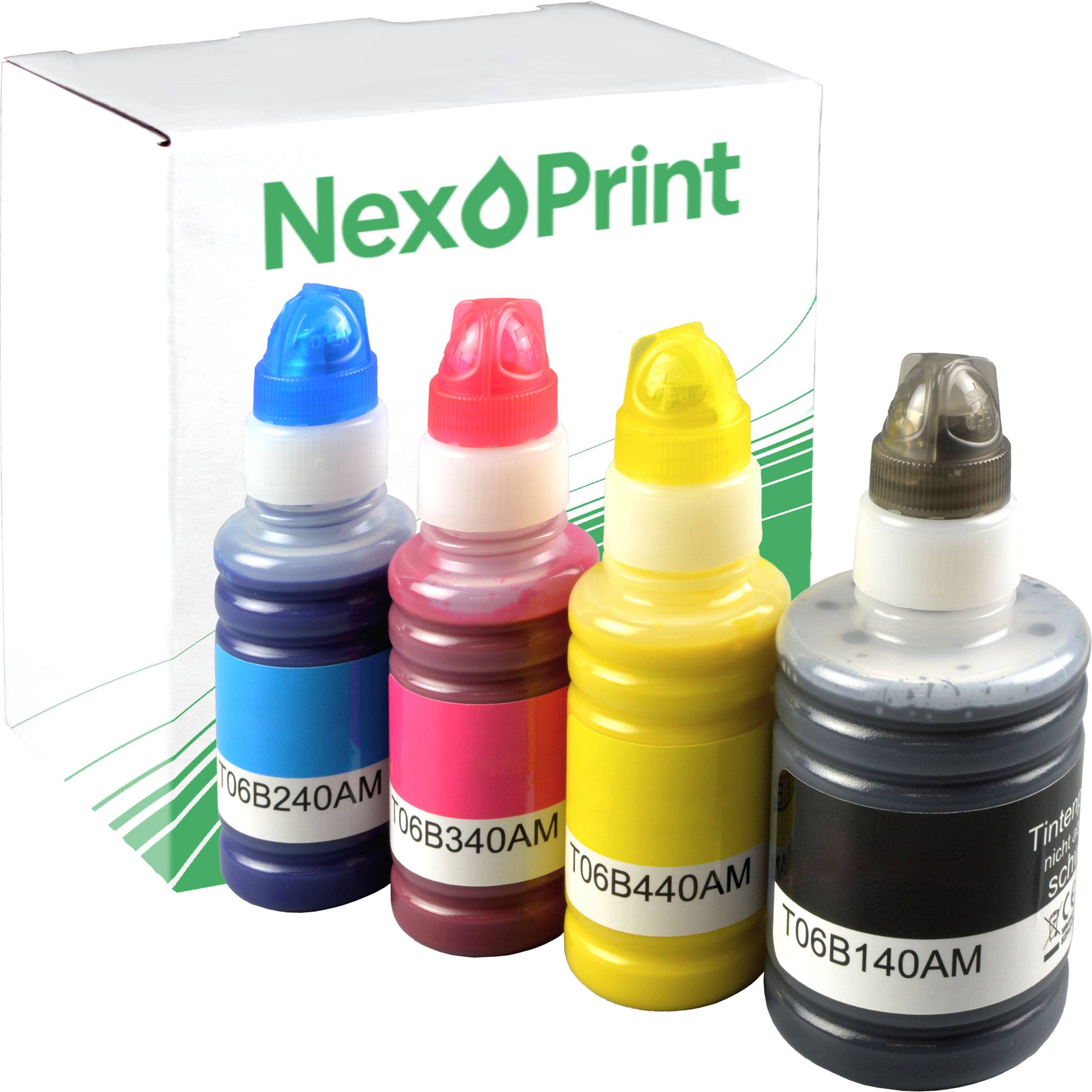 NexPrint' Markenflaschen mit Tinte in Cyan, Magenta, Gelb und Schwarz vor einer Produktverpackung mit sichtbarem Logo.