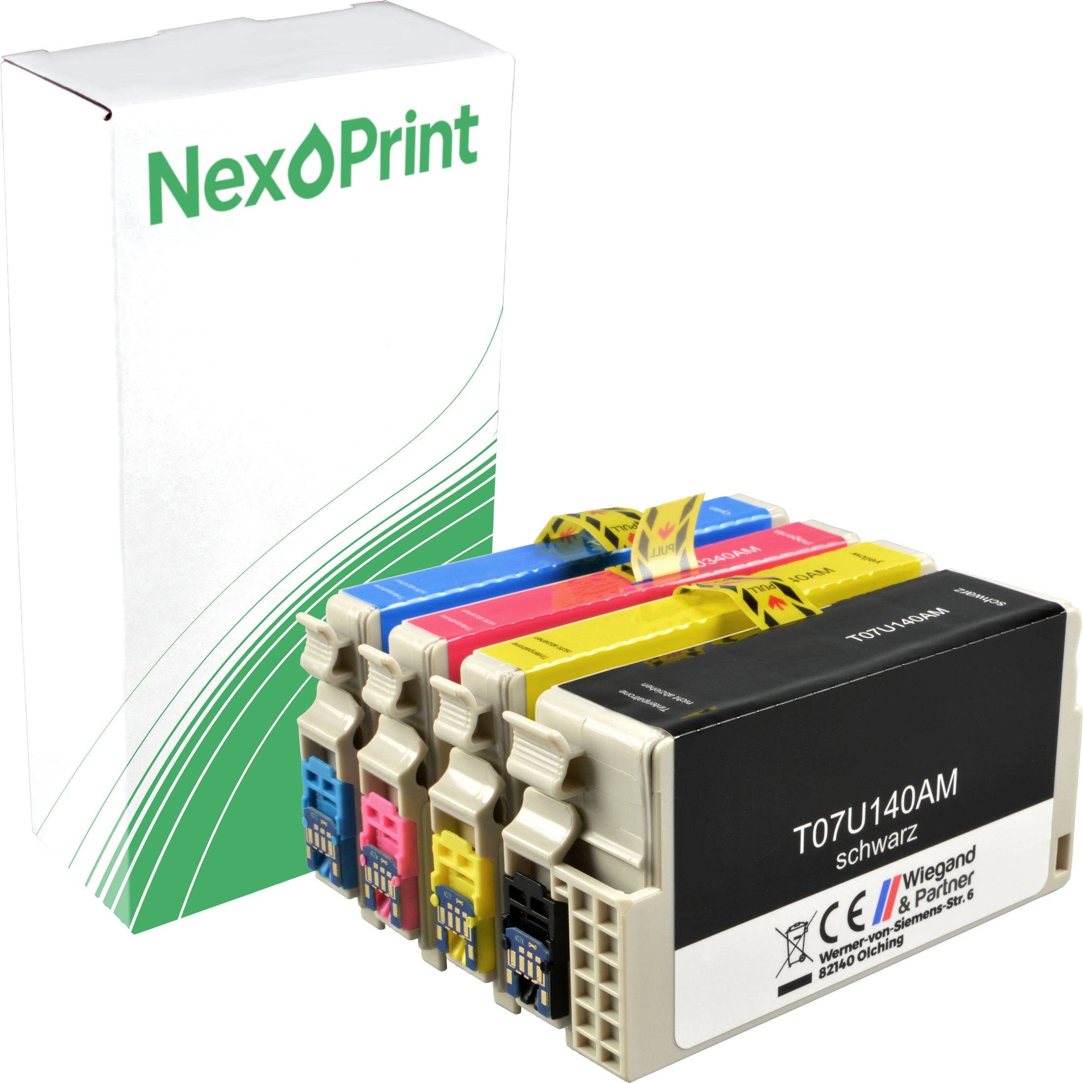 Eine Schachtel 'NexoPrint' Tintenpatronen mit vier Patronen in Schwarz, Blau, Rot und Gelb, die vorne ausgestellt sind und Druckerzubehör anzeigen.