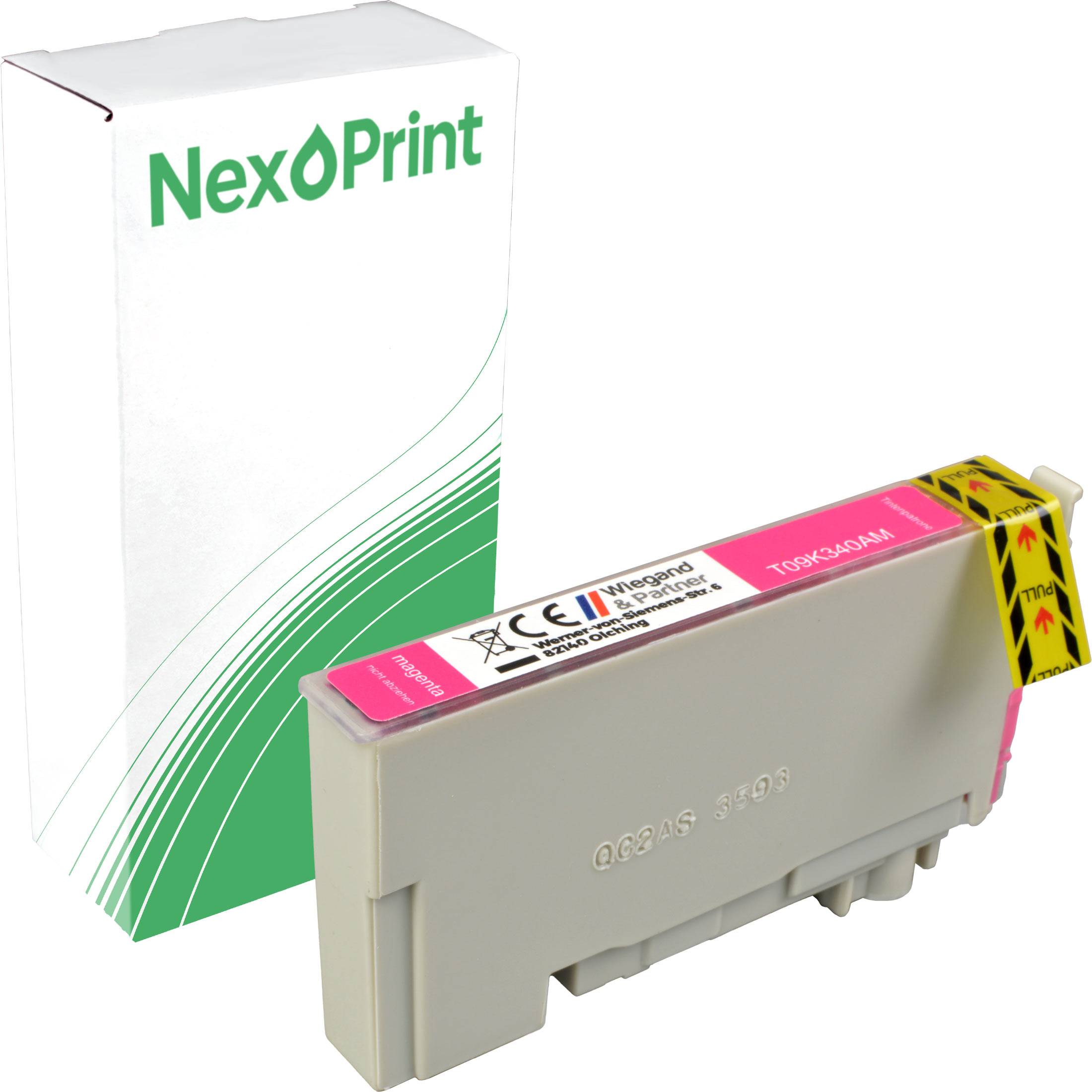 Das Bild zeigt eine magentafarbene Tintenpatrone der Marke 'NexPrint' neben ihrer weiß-grünen Verpackungsschachtel.