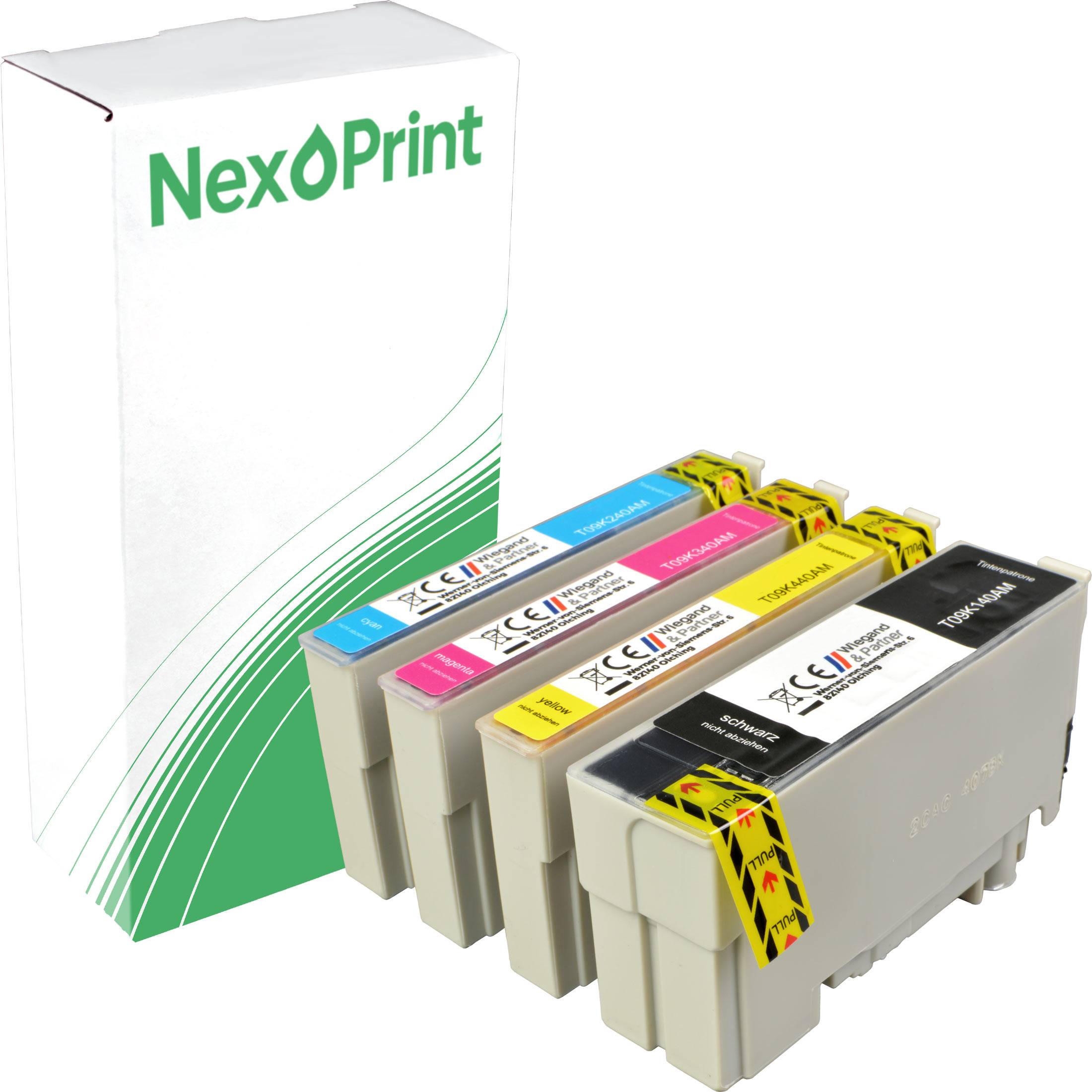 Drei Tintenpatronen, beschriftet mit Cyan, Magenta und Gelb, werden neben einer NexPrint-Markenbox präsentiert.