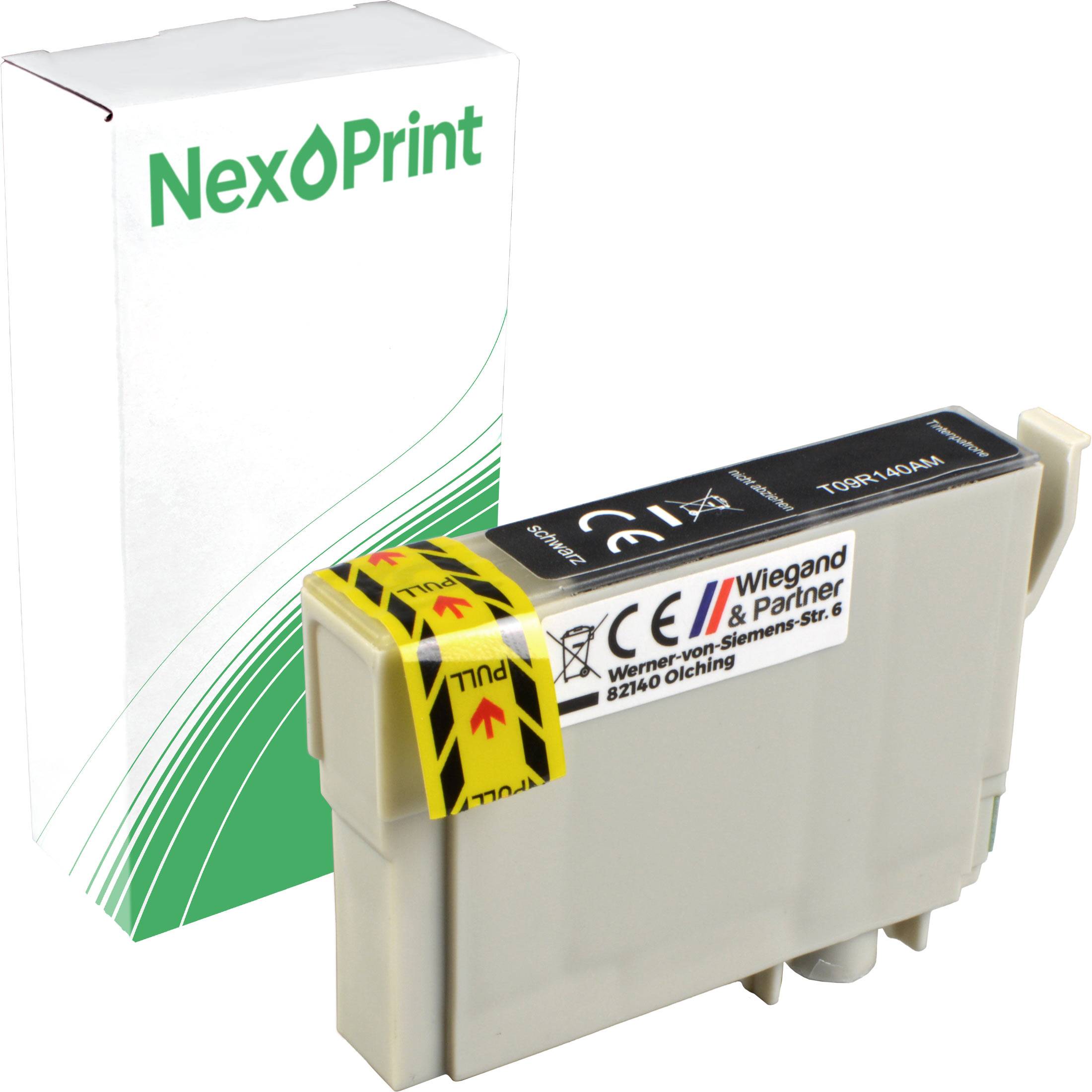 Eine NexPrint-Marken-Druckerpatrone mit Verpackung, die Text und Sicherheitssymbole auf der Patrone zeigt.