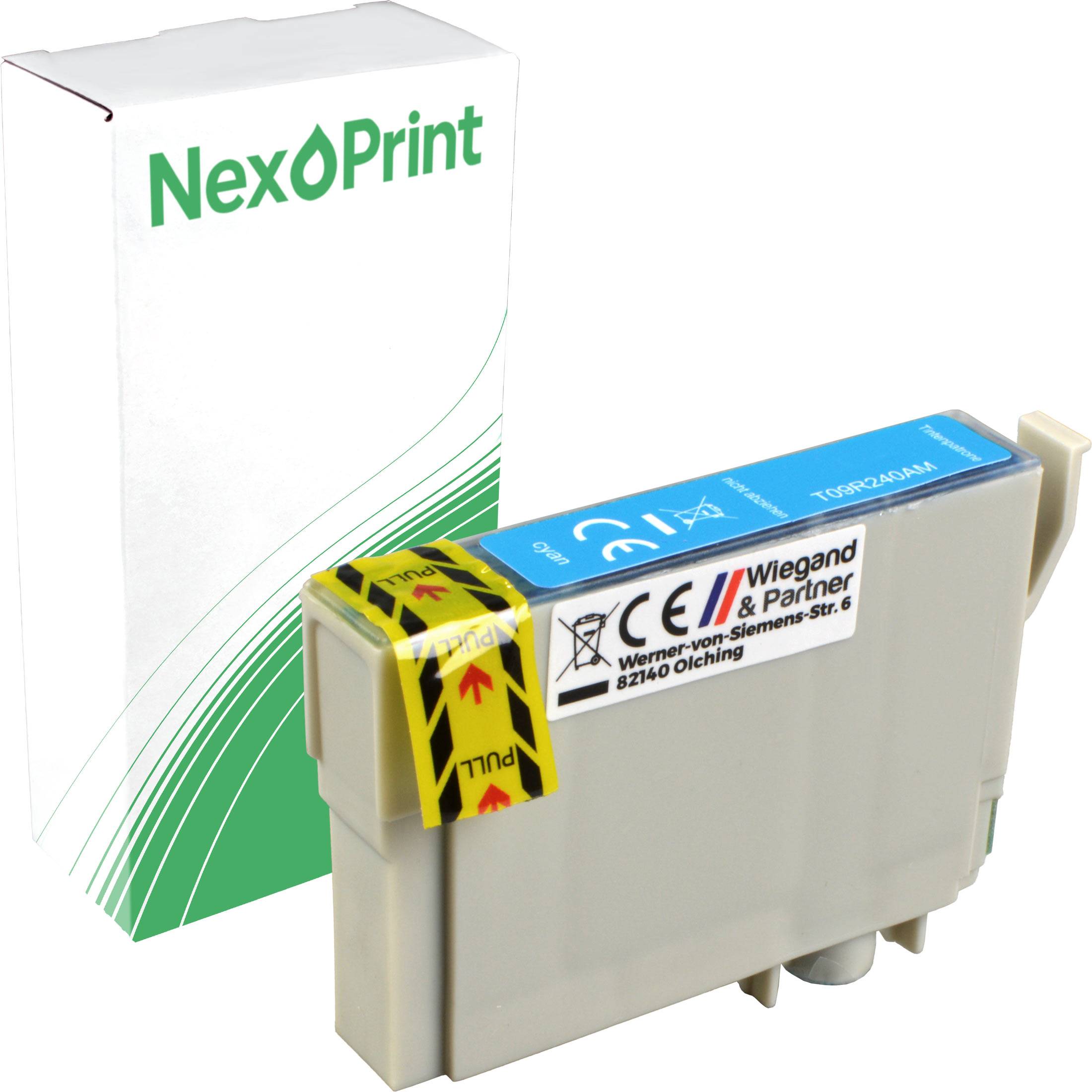 Druckerpatrone mit einem Etikett, auf dem der Markenname und die Produktdetails zu sehen sind, vor einer Verpackungsschachtel mit der Aufschrift 