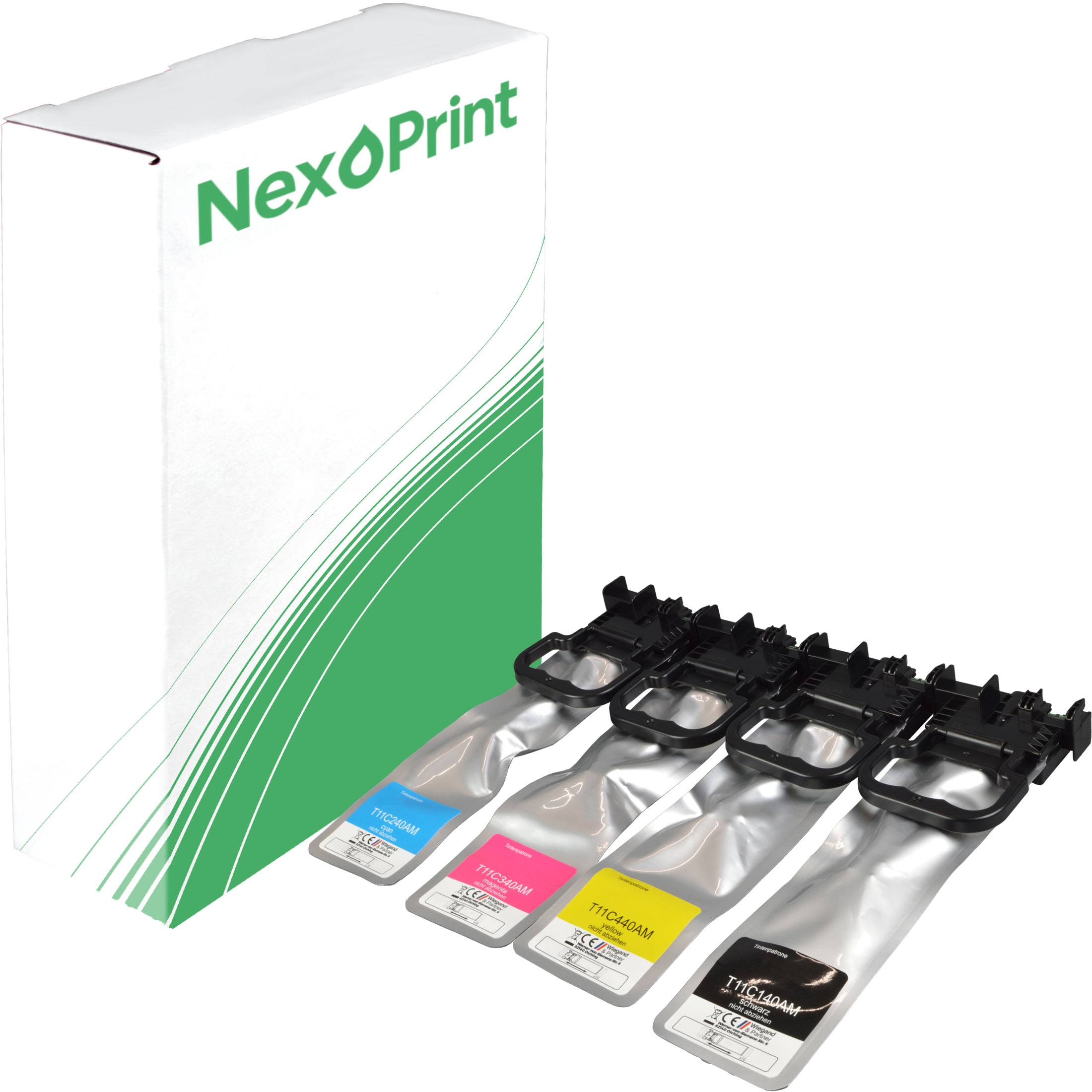 Vier Tintenpatronen (Cyan, Magenta, Gelb, Schwarz) vor einer weiß-grünen 'NexoPrint' Box, was die Kompatibilität anzeigt.
