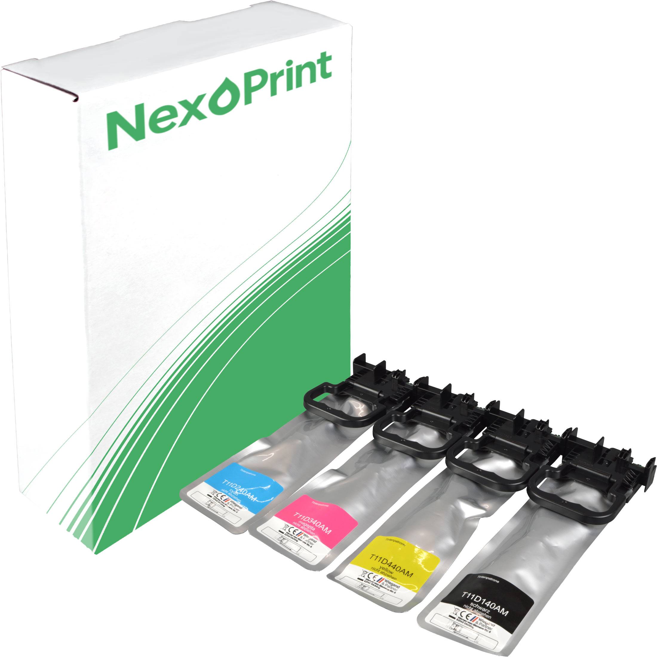 Vier NexóPrint-Tintenpatronen in Cyan, Magenta, Gelb und Schwarz neben einer markierten NexóPrint-Schachtel.