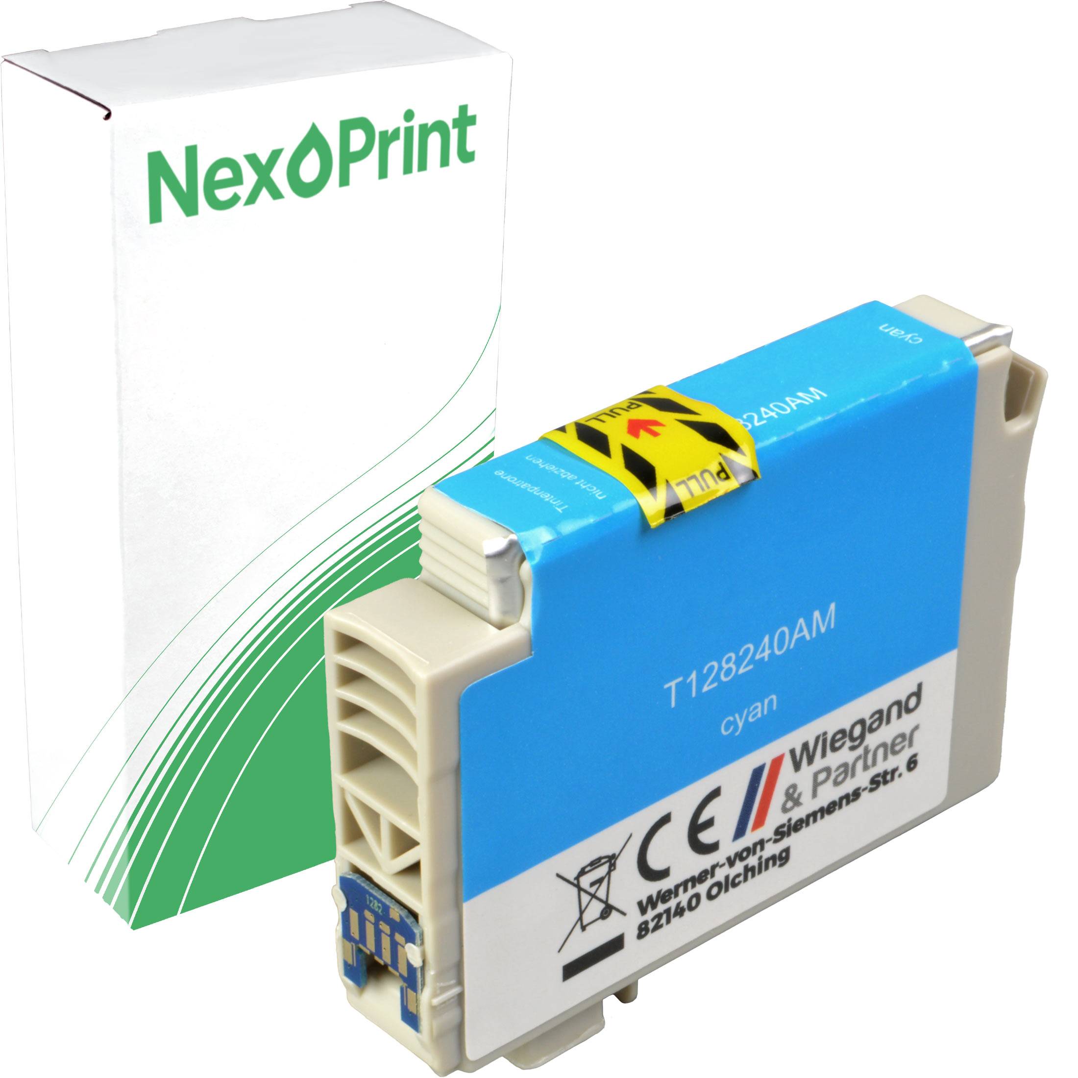 Eine Cyan-Tintenpatrone mit der Bezeichnung 'NexPrint T128240AM', die vor ihrer Verpackungsschachtel platziert ist, die ein grün-weißes Design aufweist.