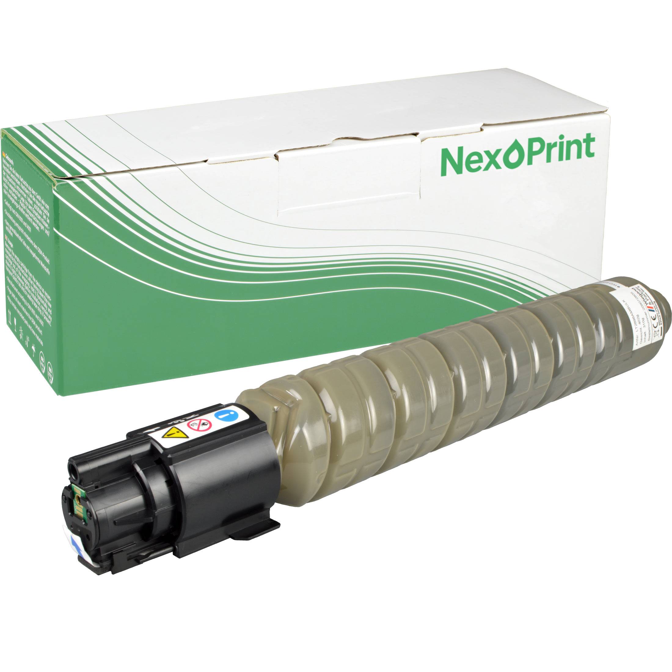 Eine NexPrint Tonerpatrone in Magenta mit Verpackung, auf der Sicherheitssymbole und Anweisungen angezeigt werden.