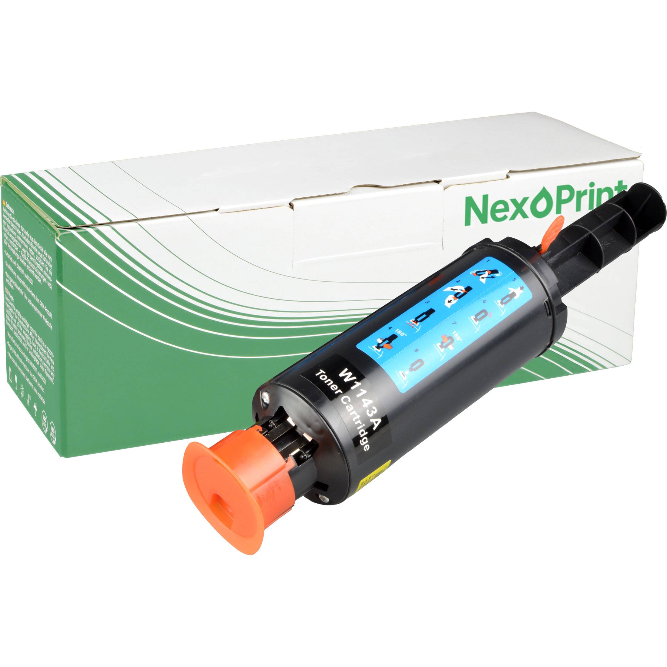 Nahaufnahme einer grau-schwarzen Tonerkartusche, die vor einer grün-weißen Box mit 