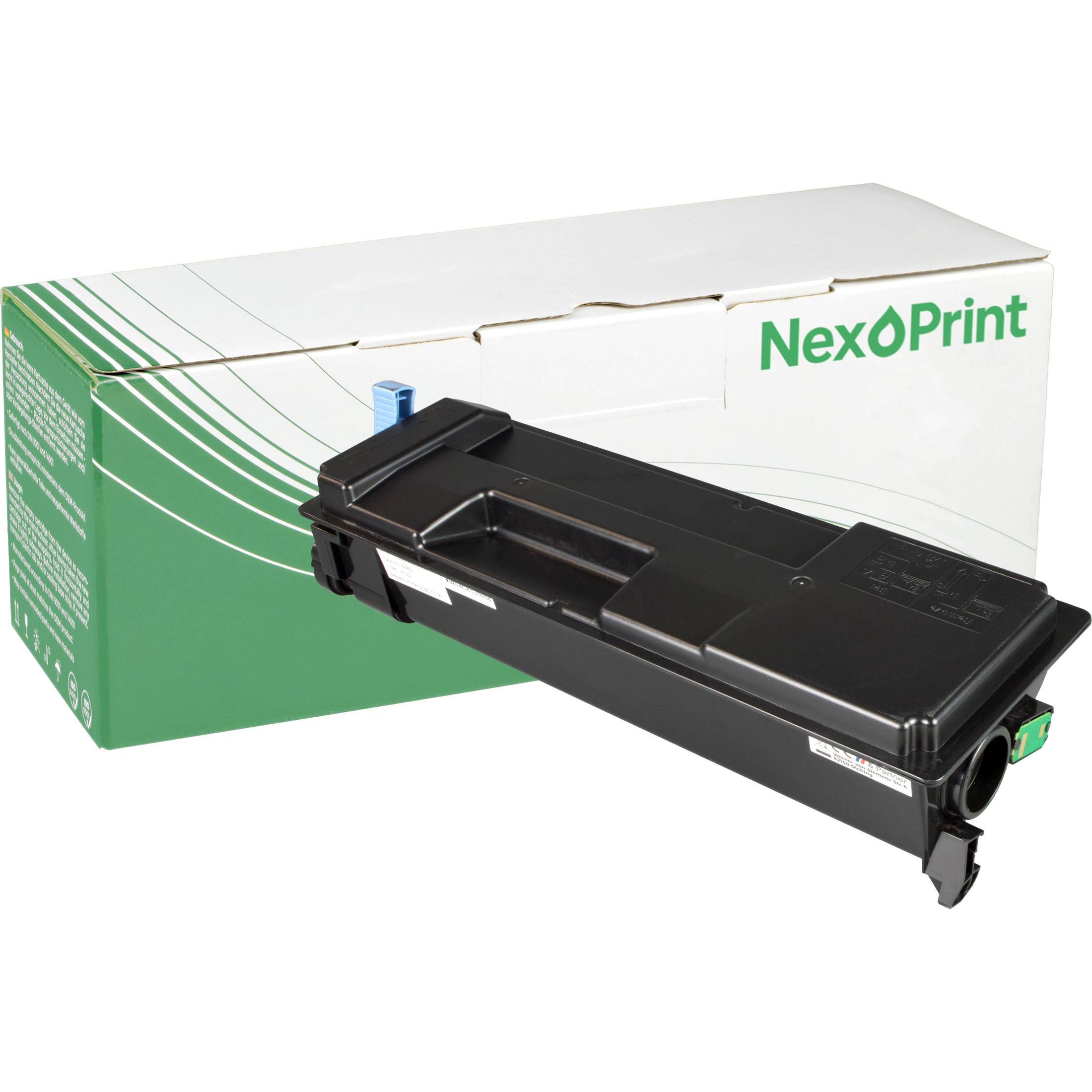 NexPrint Druckertonerpatrone, schwarz, mit grüner und weißer Schachtelverpackung, mit blauem Griff, auf weißem Hintergrund.