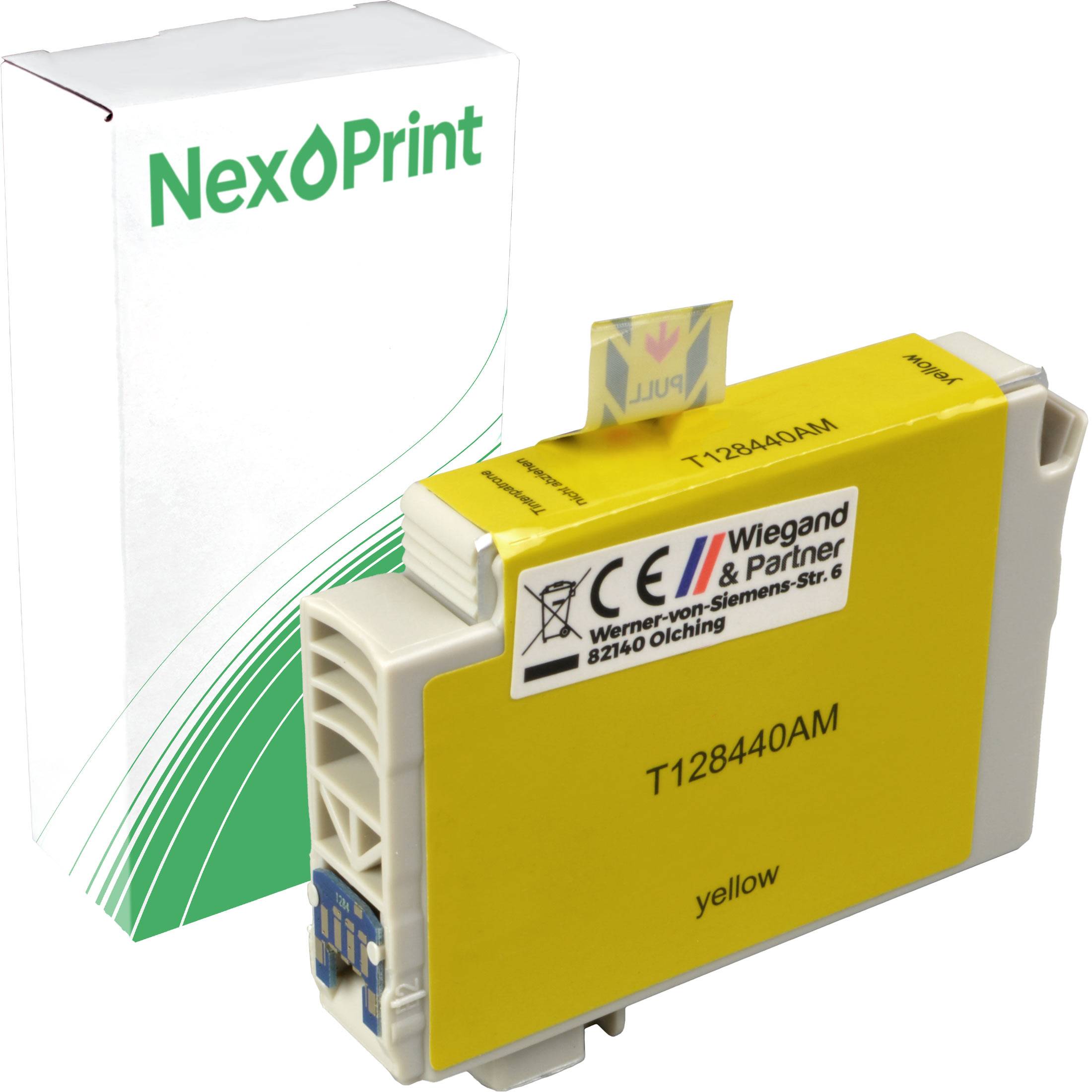 Eine gelbe Druckerpatrone mit der Bezeichnung 'T128440AM' von 'Wiegand & Partner'; daneben die Verpackungsschachtel der Marke 'NexPrint'.
