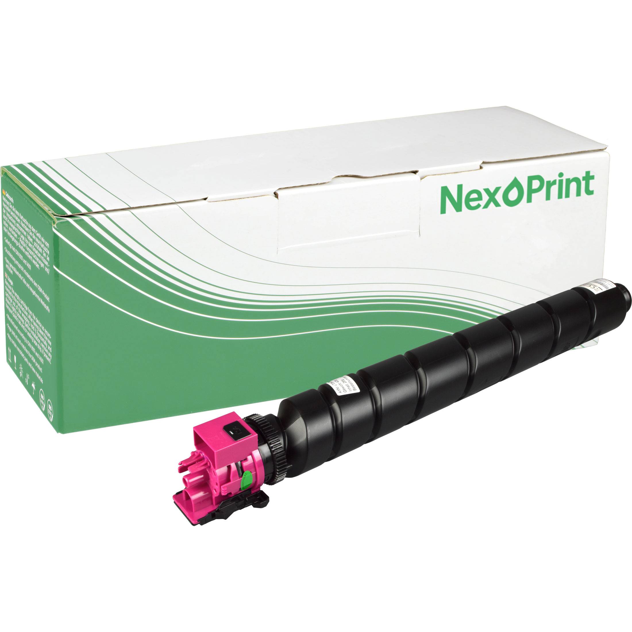 Tonerpatrone mit rosa Kappe vor einer grün-weißen NexOPrint-Box.