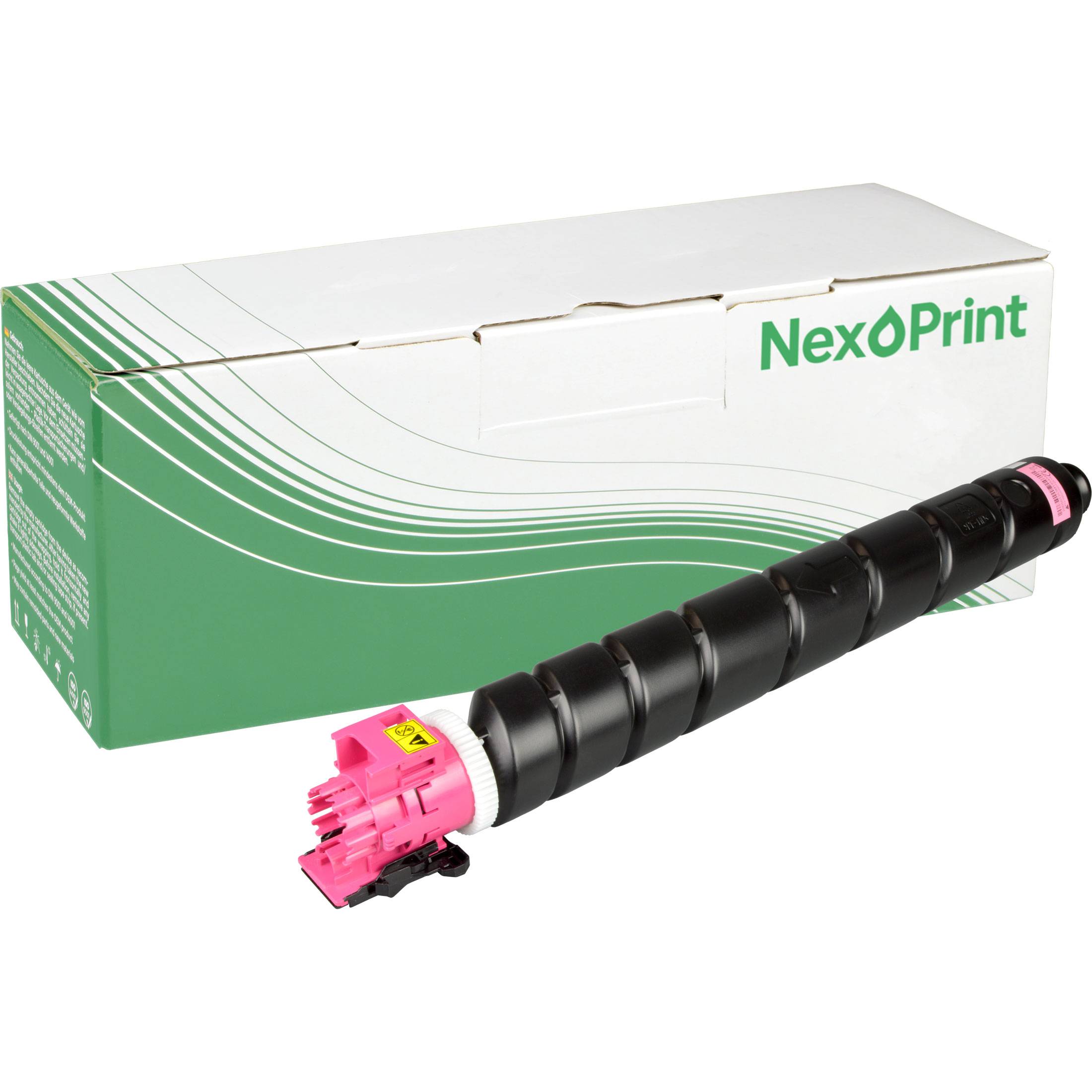Eine NexPrint-Tonerkartusche in einer Schachtel neben einem schwarzen, mit „HP CF410X