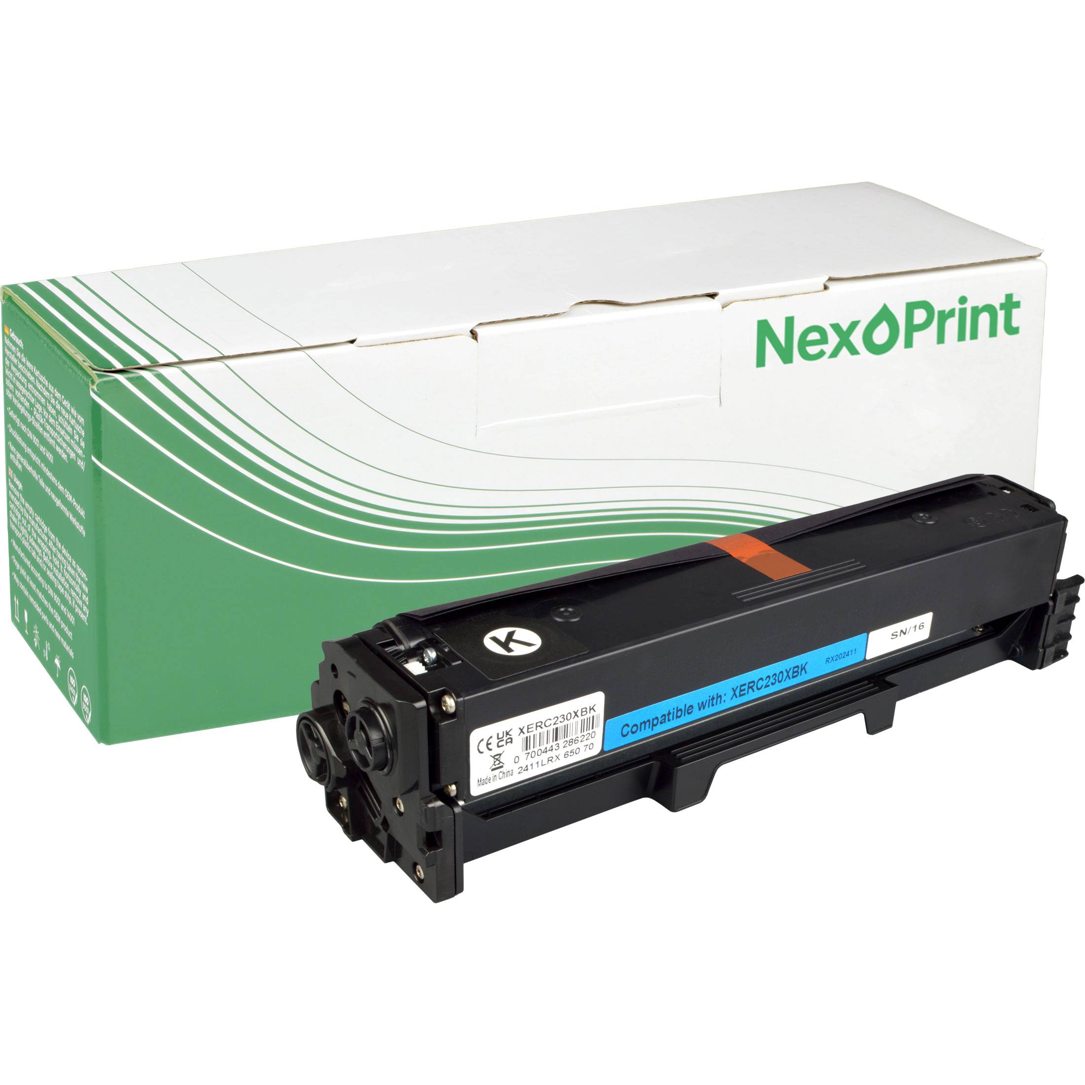 Eine schwarze NexOPrint-Tonerpatrone wird vor ihrer Verpackungsschachtel gezeigt, die mit „Kompatibel mit KX-PD211